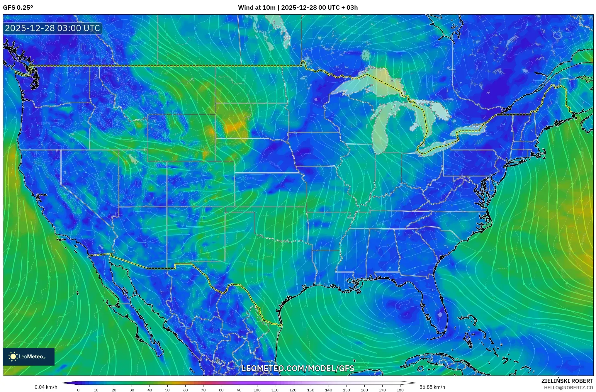 GFS model - United States, Wind at 10m