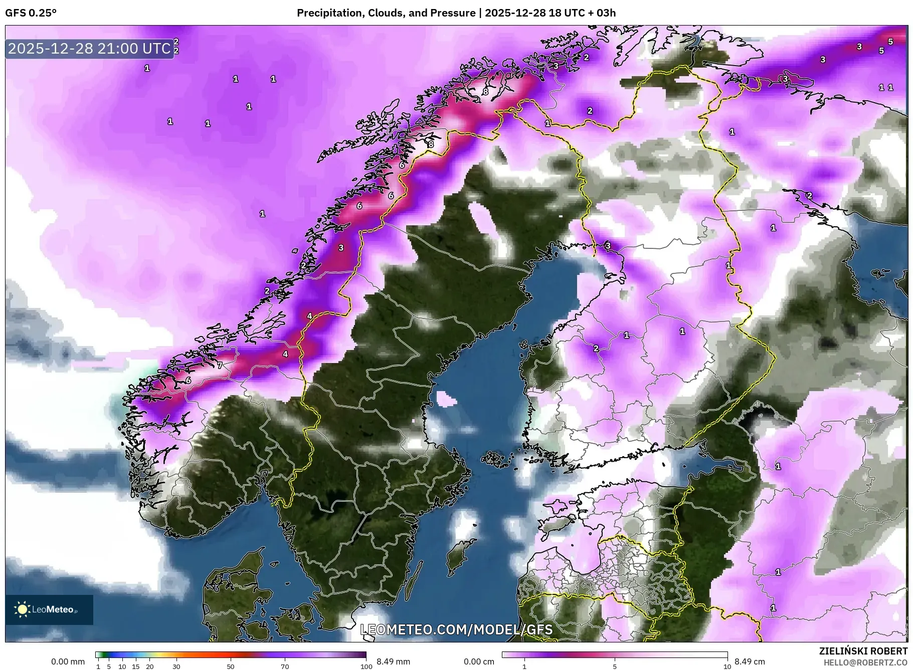 GFS model - Scandinavia, Precipitation, Clouds, and Pressure