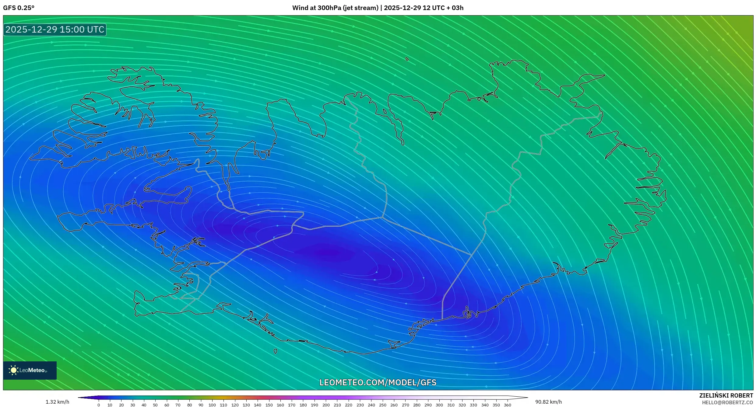 GFS model - Iceland, Wind at 300hPa (jet stream)