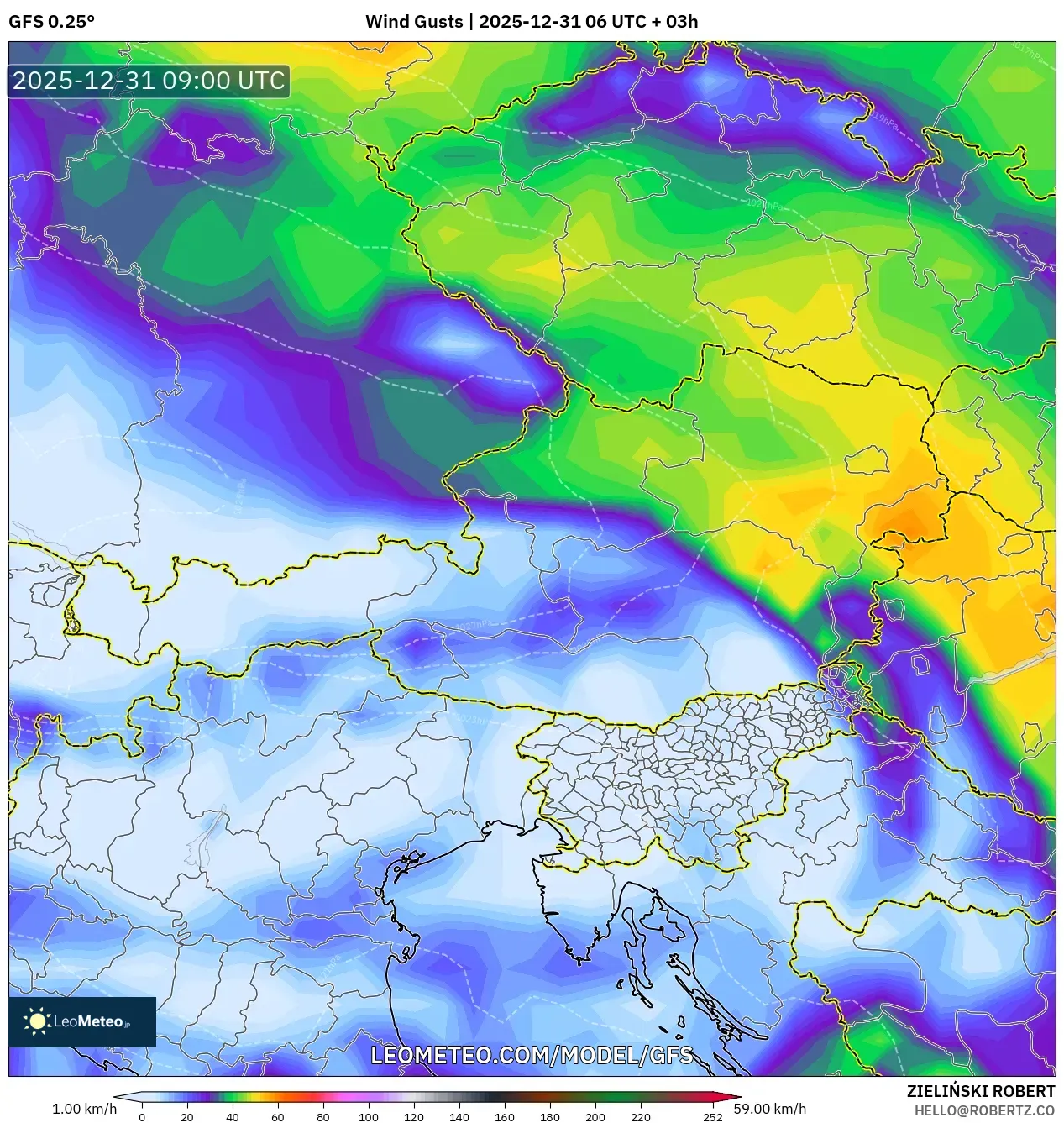 GFS model - Austria, Wind Gusts