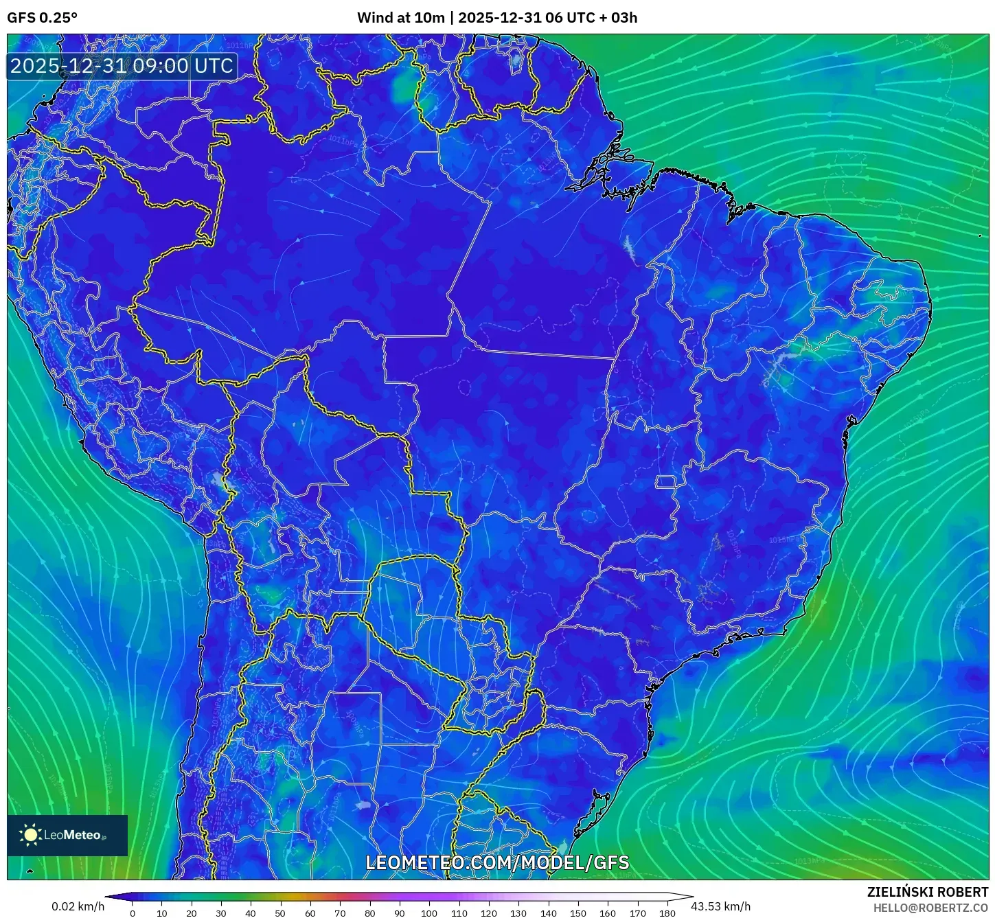 GFS model - Brazil, Wind at 10m