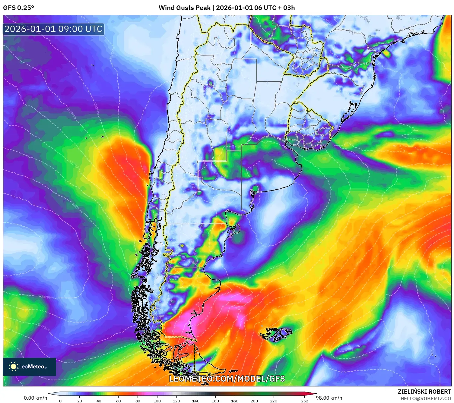 GFS model - Argentina, Wind Gusts Peak