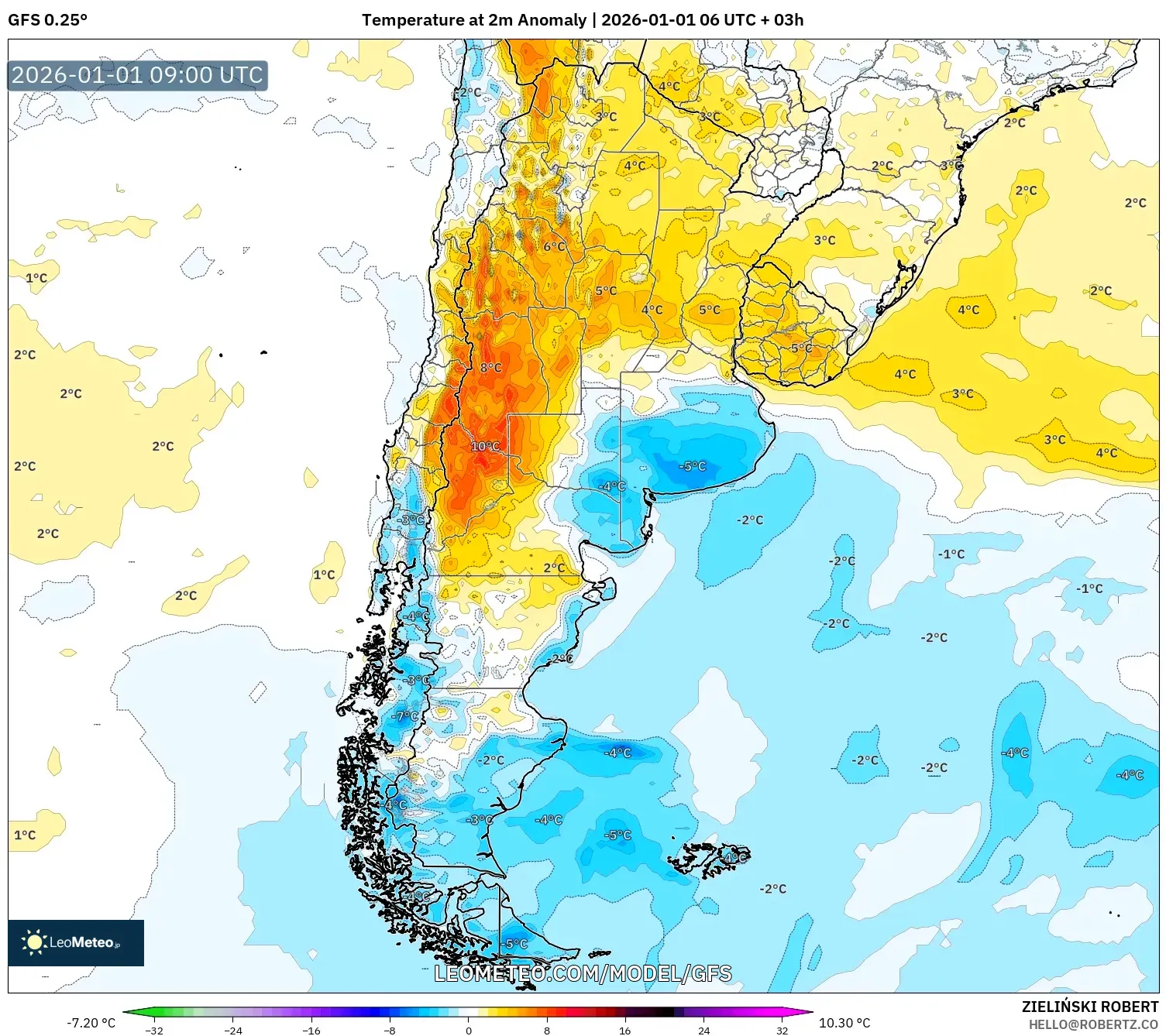 GFS model - Argentina, Temperature at 2m Anomaly