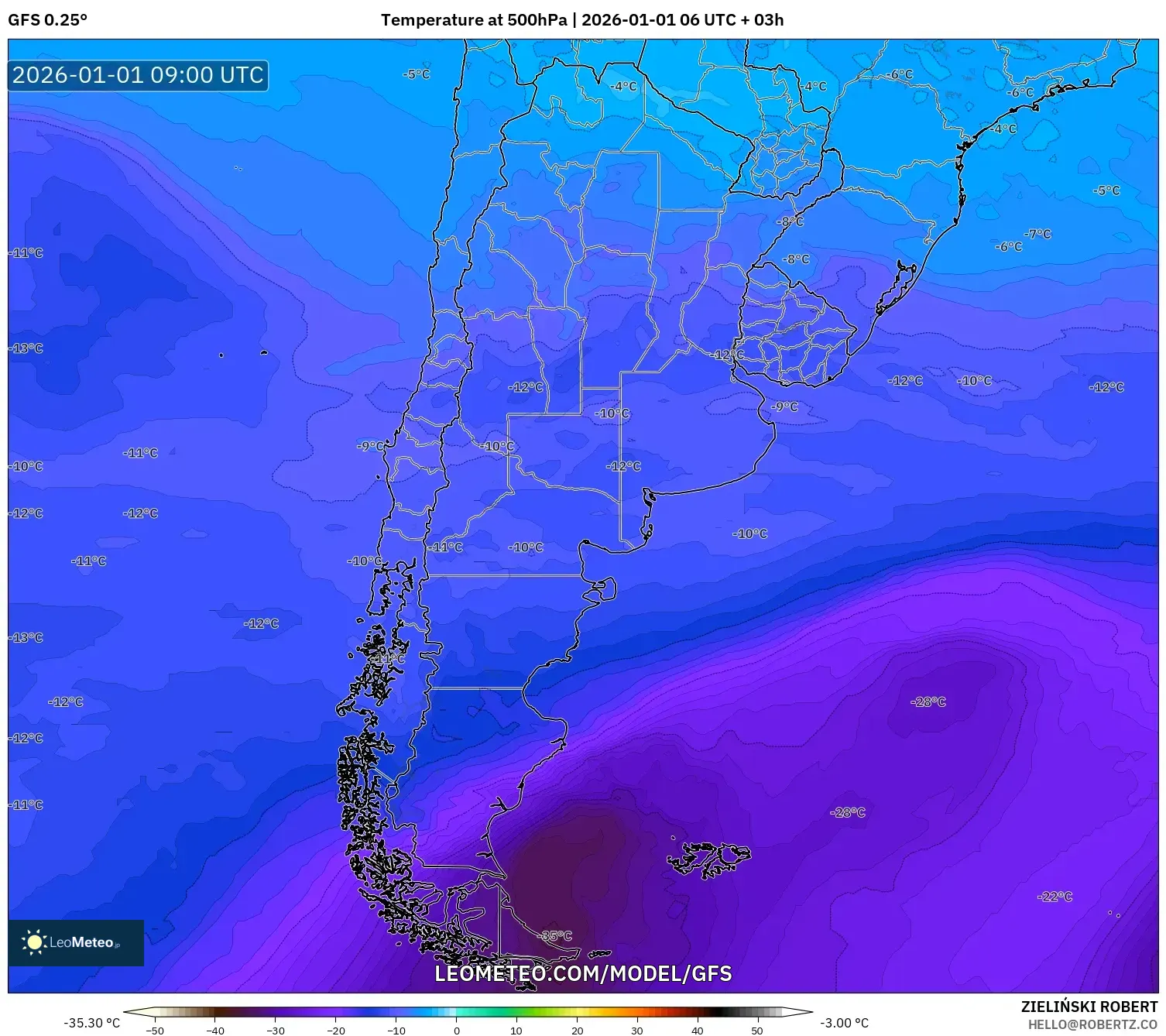 GFS model - Argentina, Temperature at 500hPa
