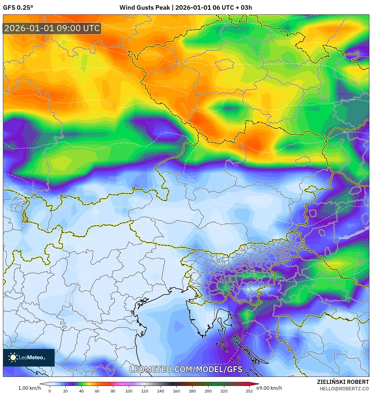 GFS model - Austria, Wind Gusts Peak