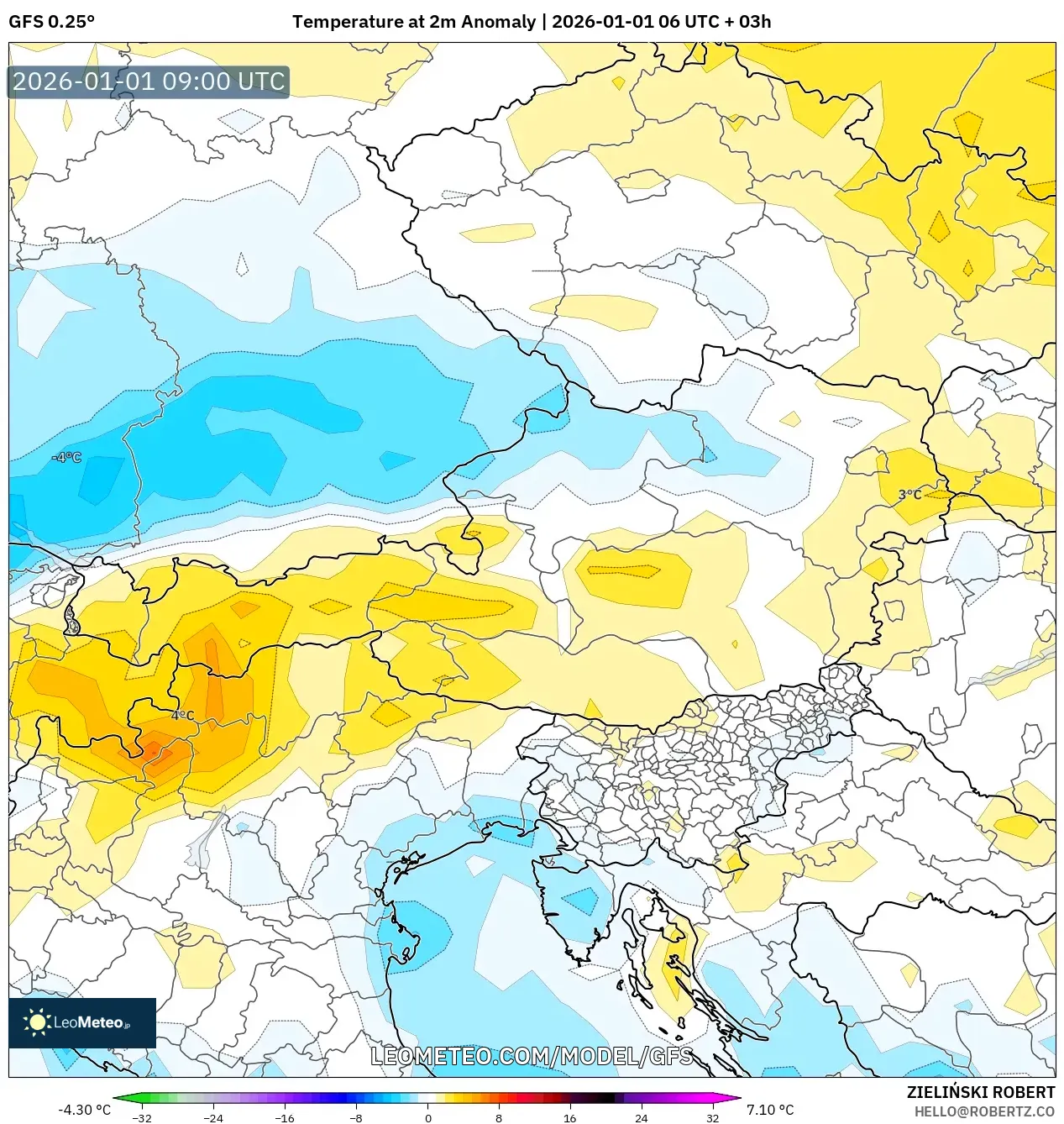 GFS model - Austria, Temperature at 2m Anomaly