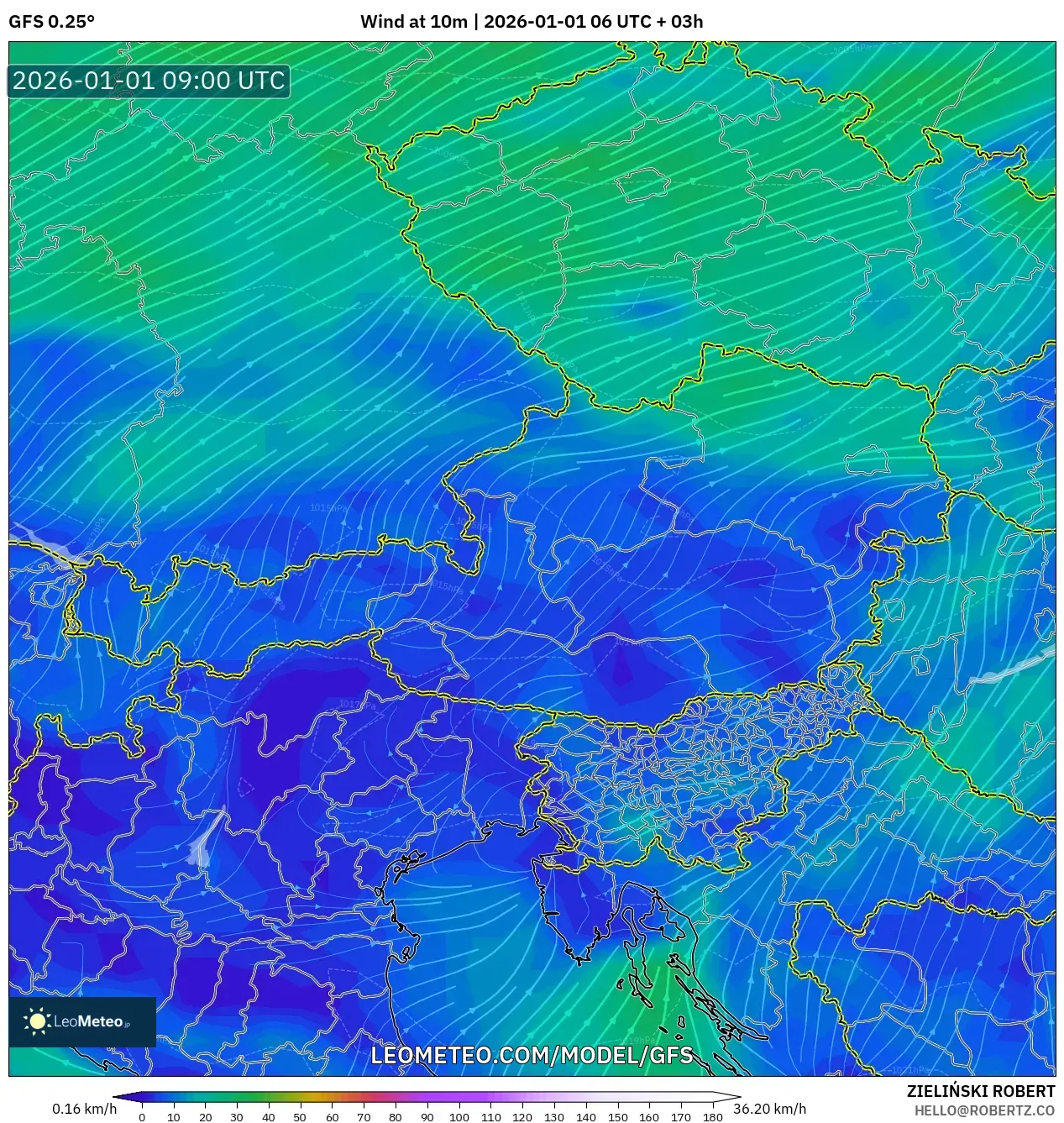 GFS model - Austria, Wind at 10m