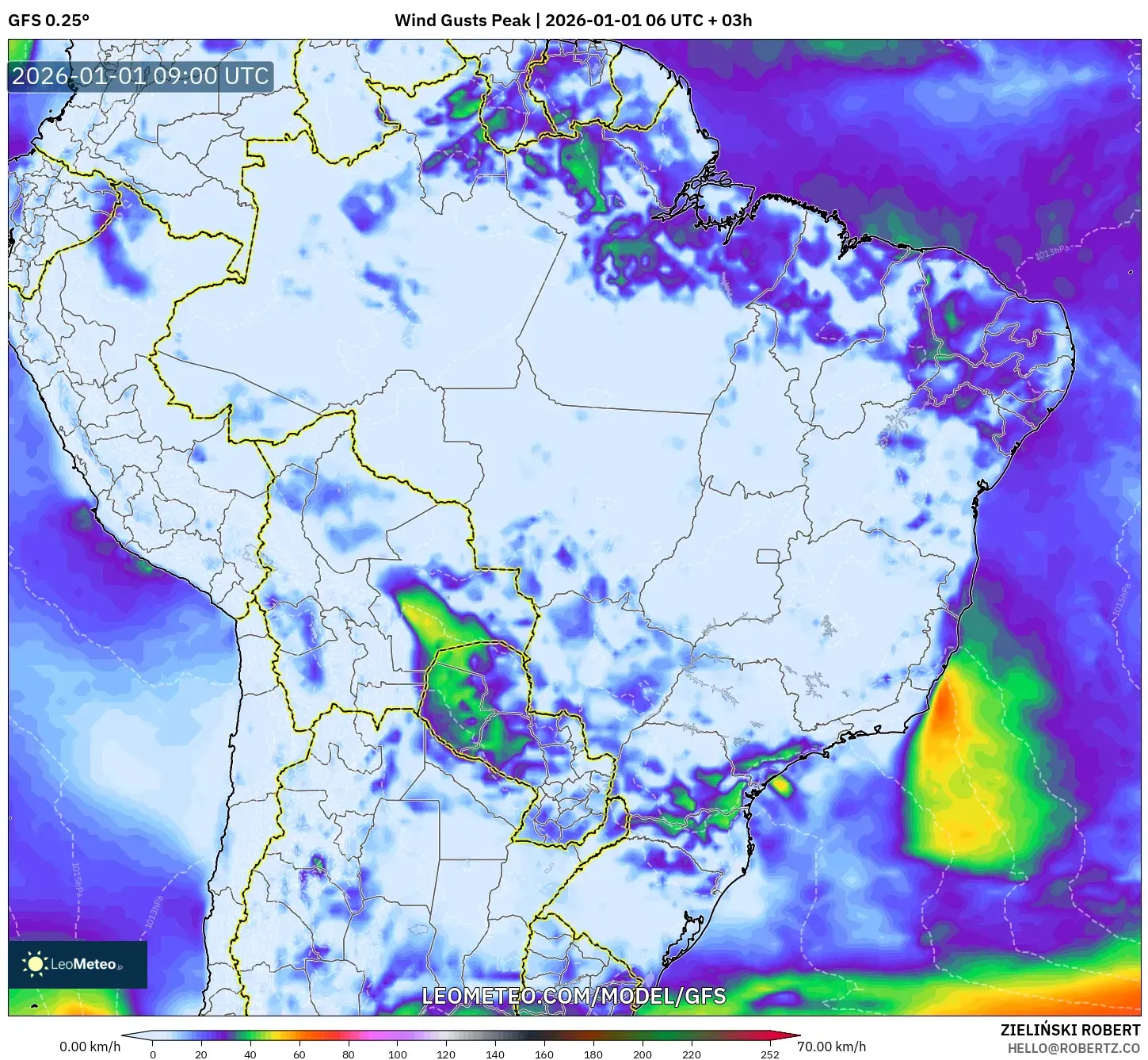 GFS model - Brazil, Wind Gusts Peak