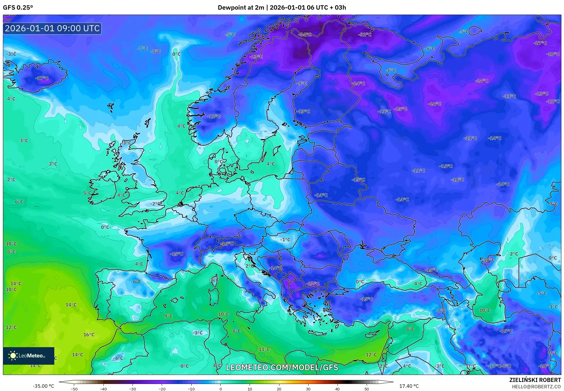GFS model - Europe, Dewpoint at 2m