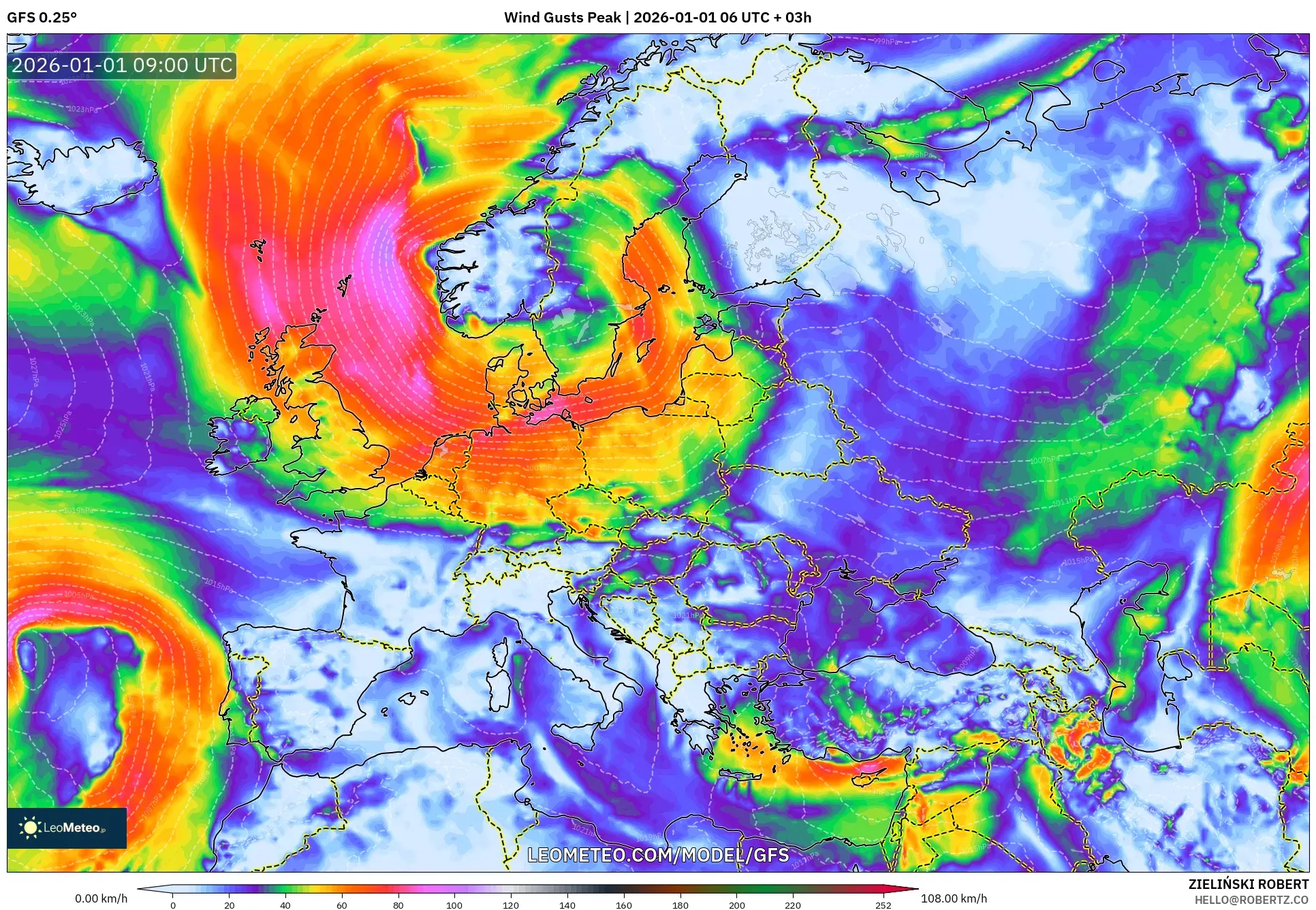 GFS model - Europe, Wind Gusts Peak