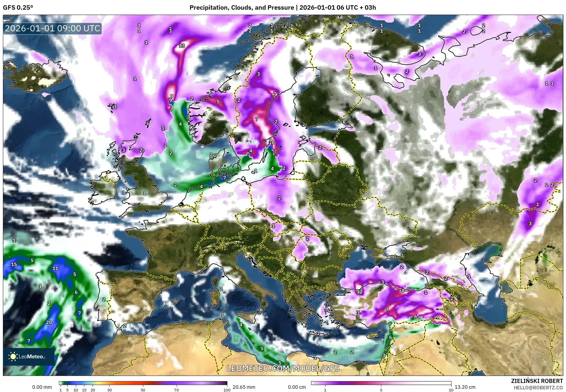 GFS model - Europe, Precipitation, Clouds, and Pressure