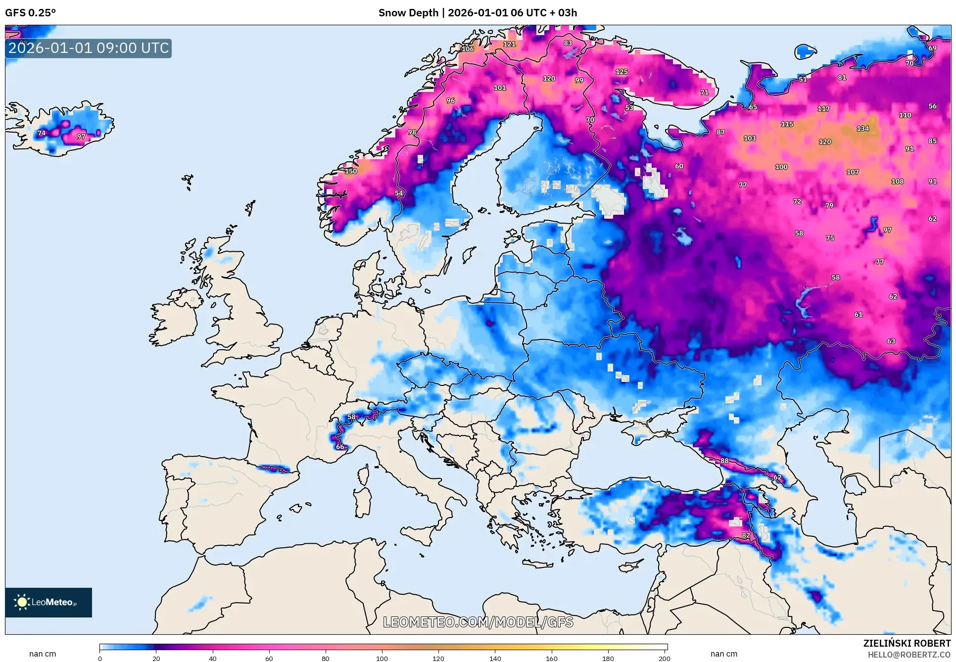 GFS model - Europe, Snow Depth
