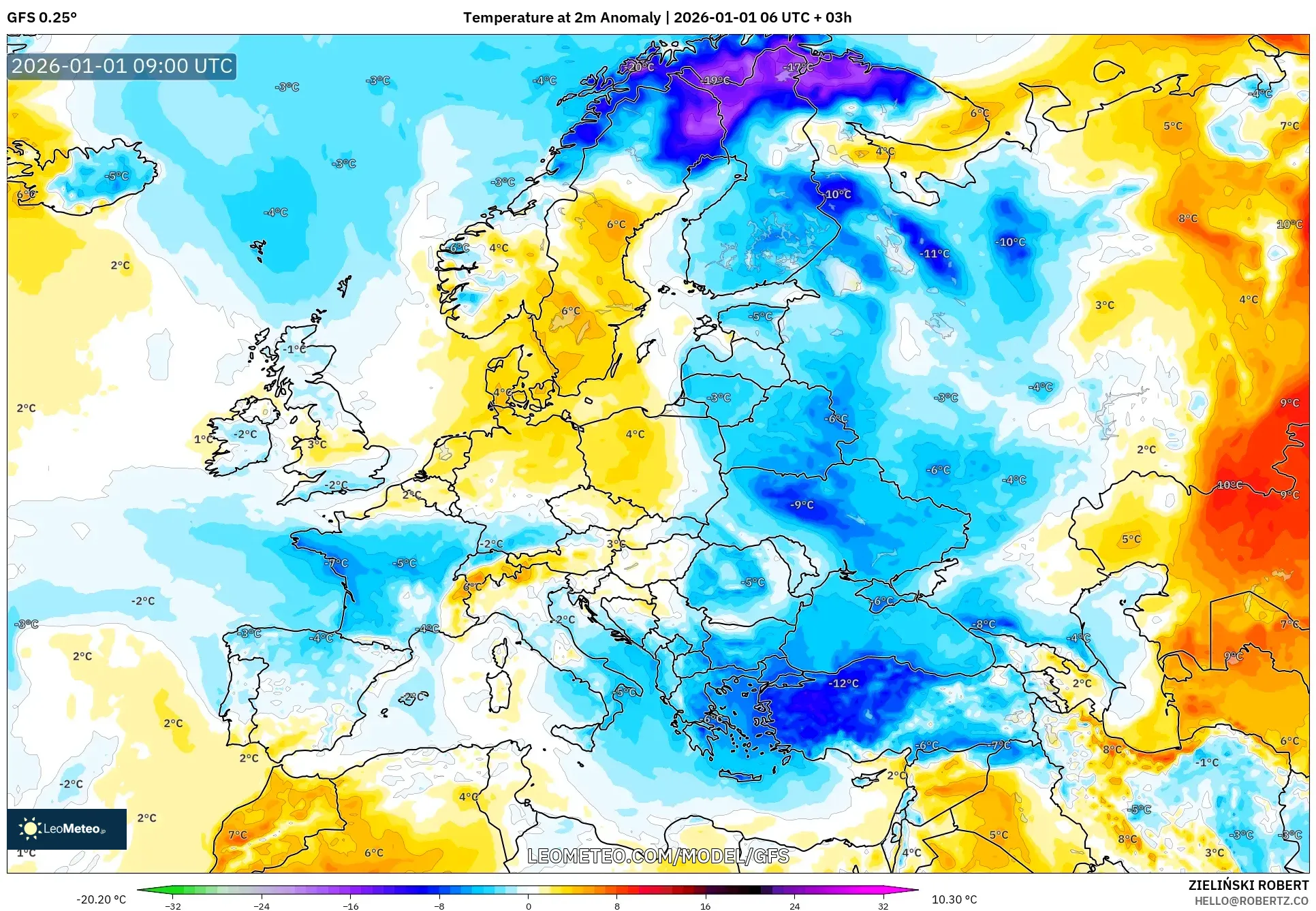 GFS model - Europe, Temperature at 2m Anomaly