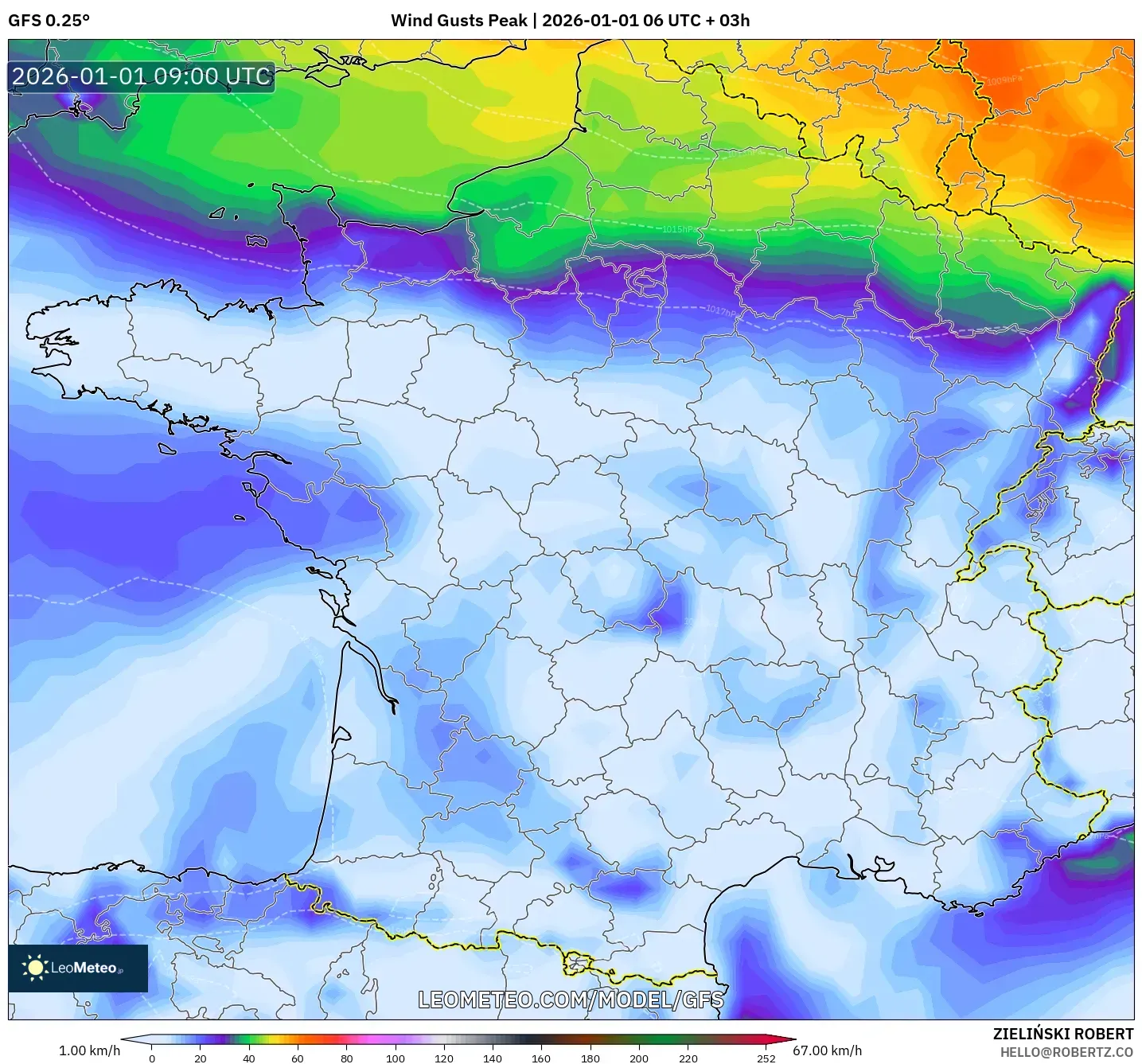 GFS model - France, Wind Gusts Peak
