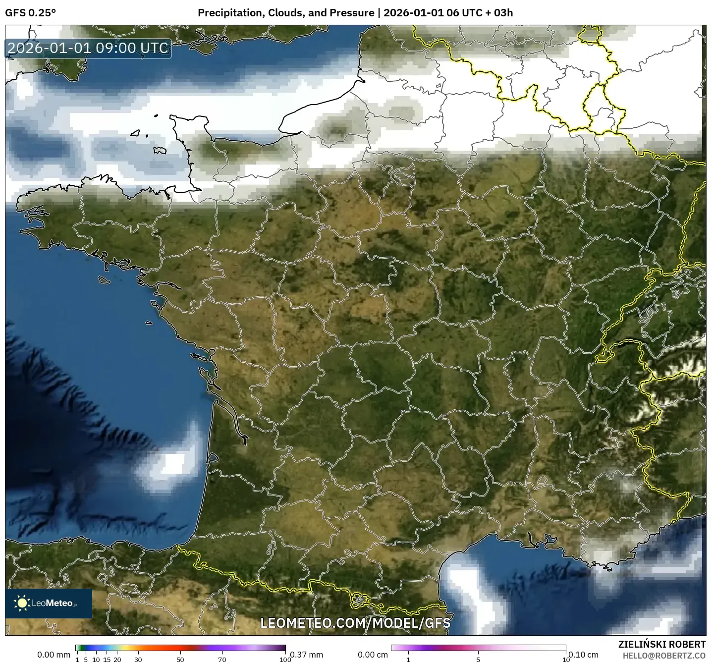 GFS model - France, Precipitation, Clouds, and Pressure