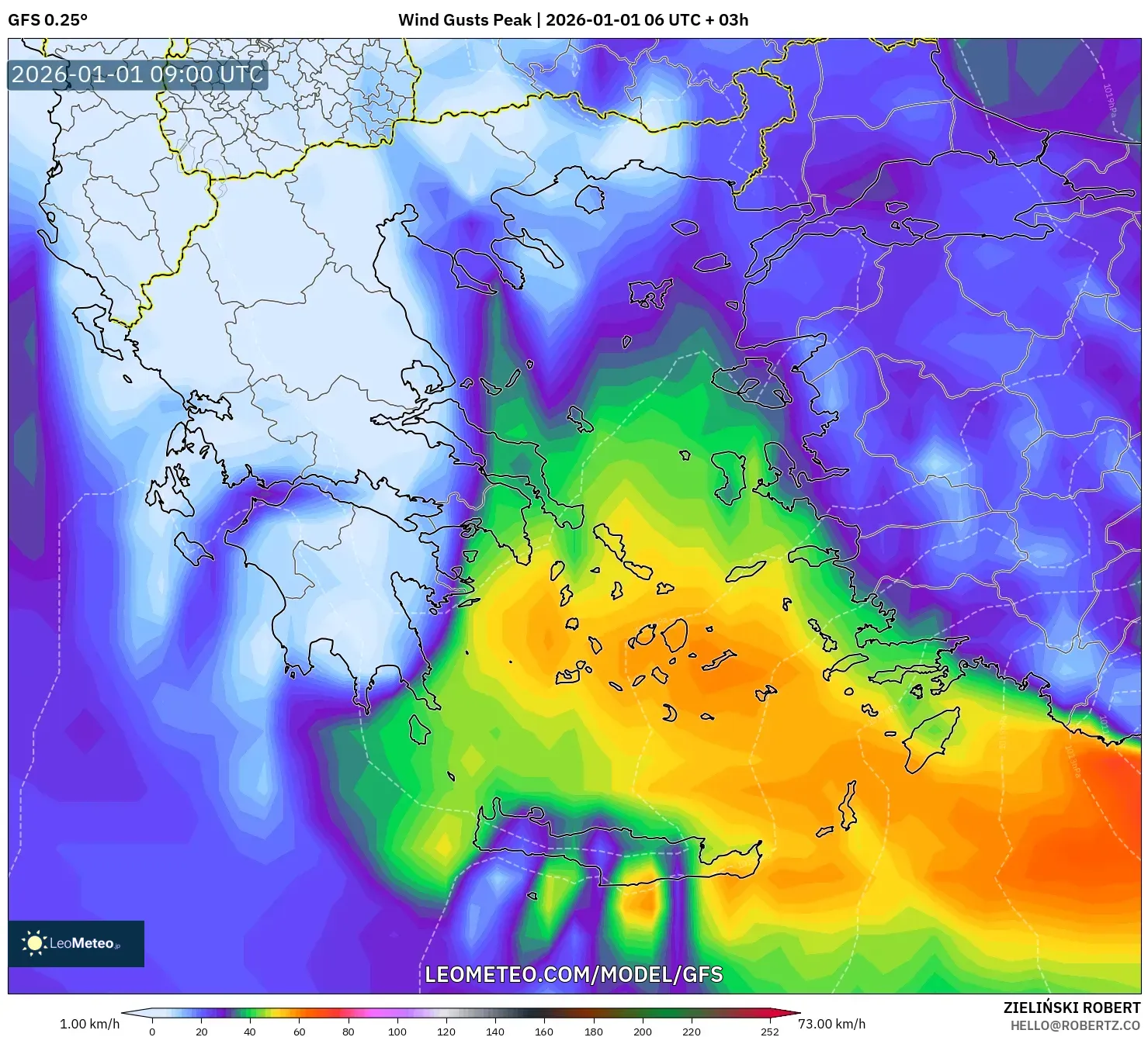 GFS model - Greece, Wind Gusts Peak