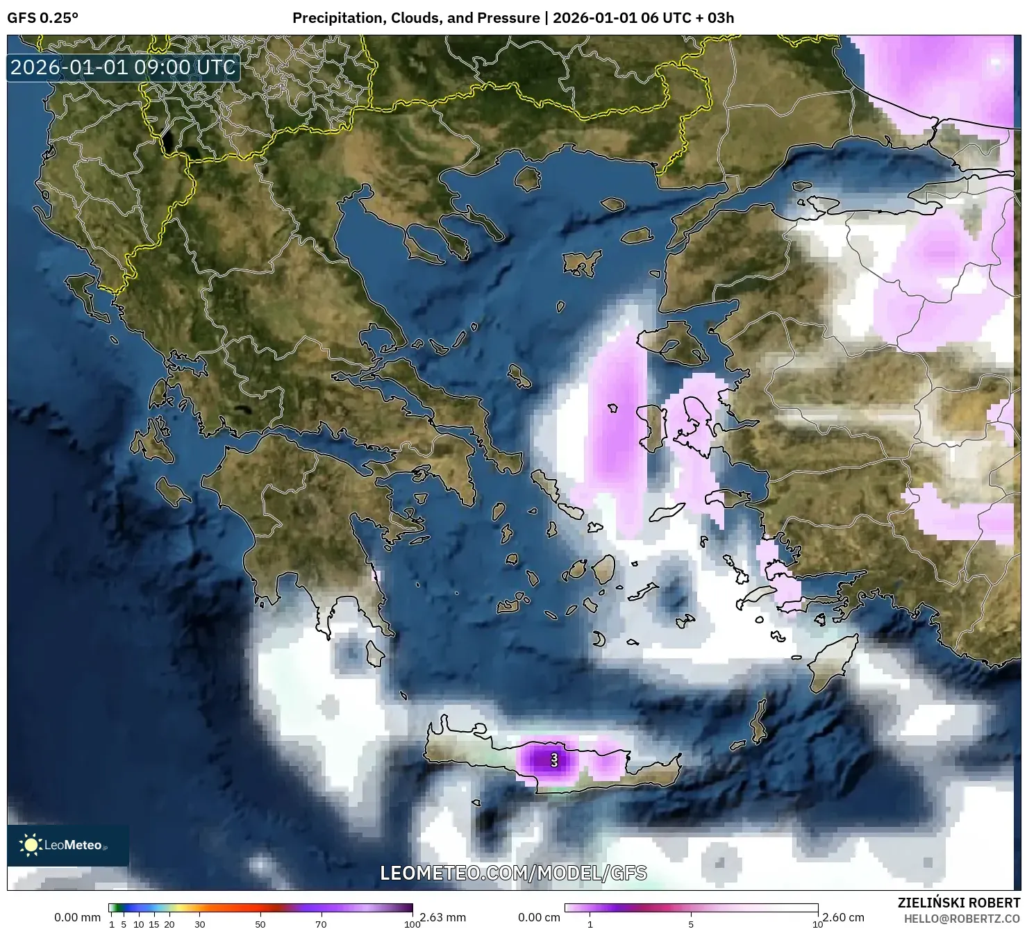GFS model - Greece, Precipitation, Clouds, and Pressure