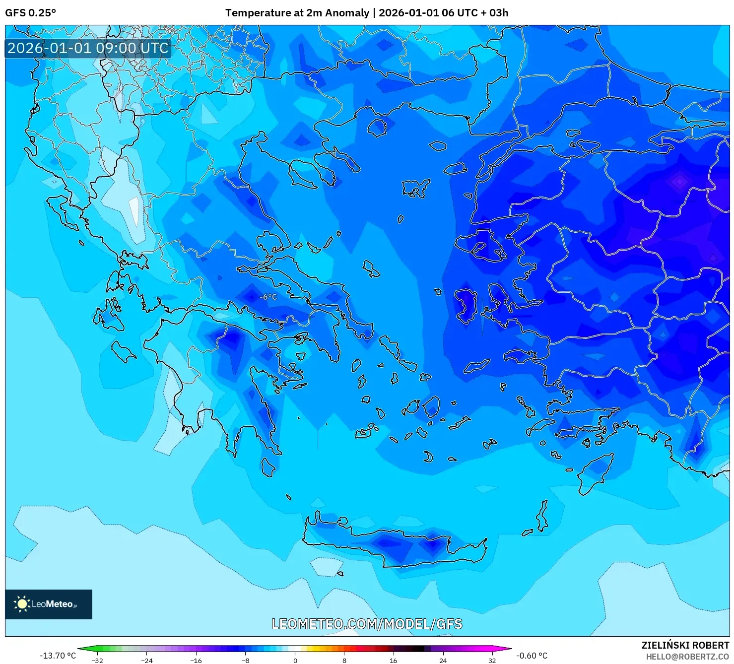 GFS model - Greece, Temperature at 2m Anomaly