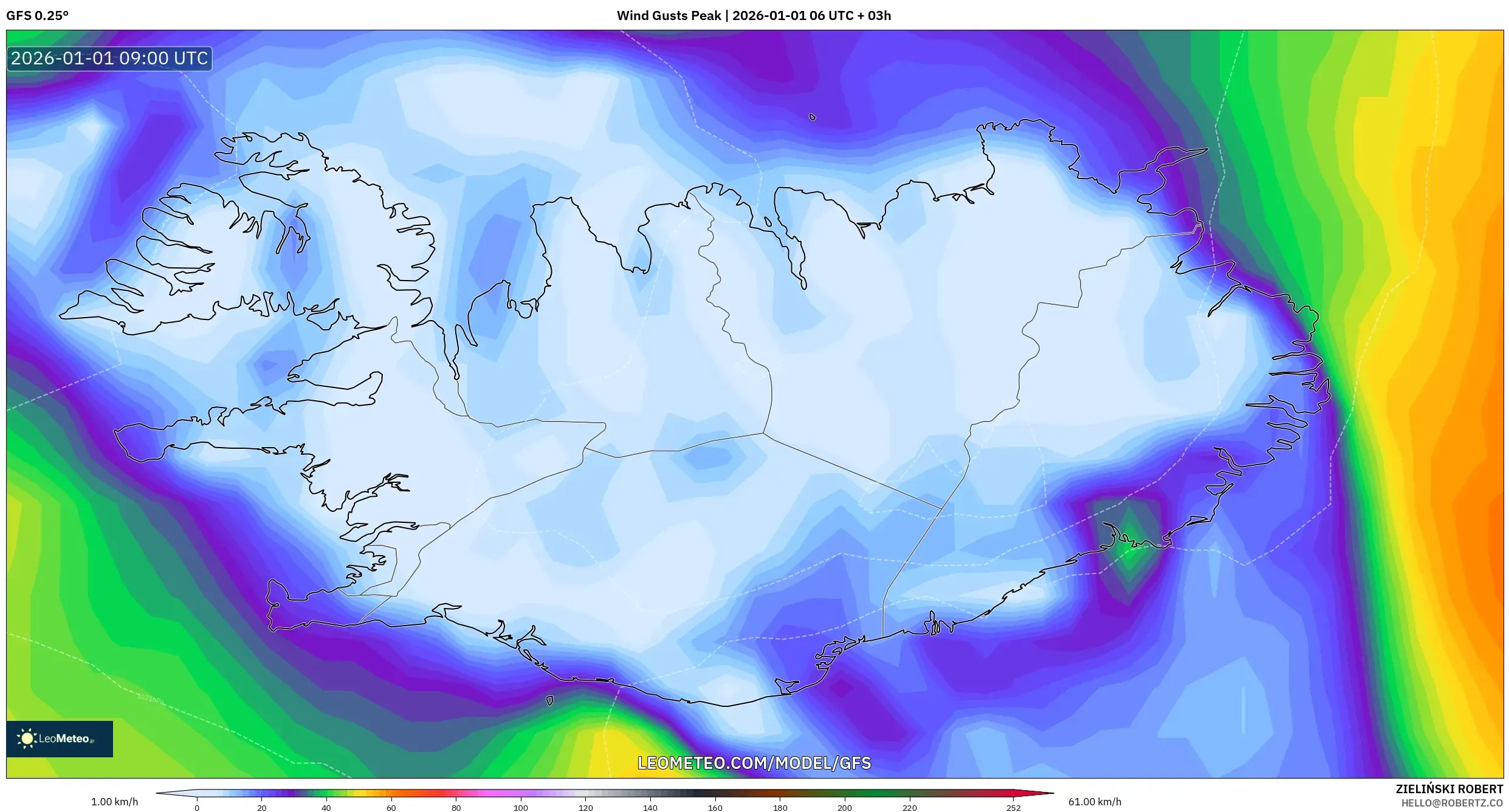 GFS model - Iceland, Wind Gusts Peak