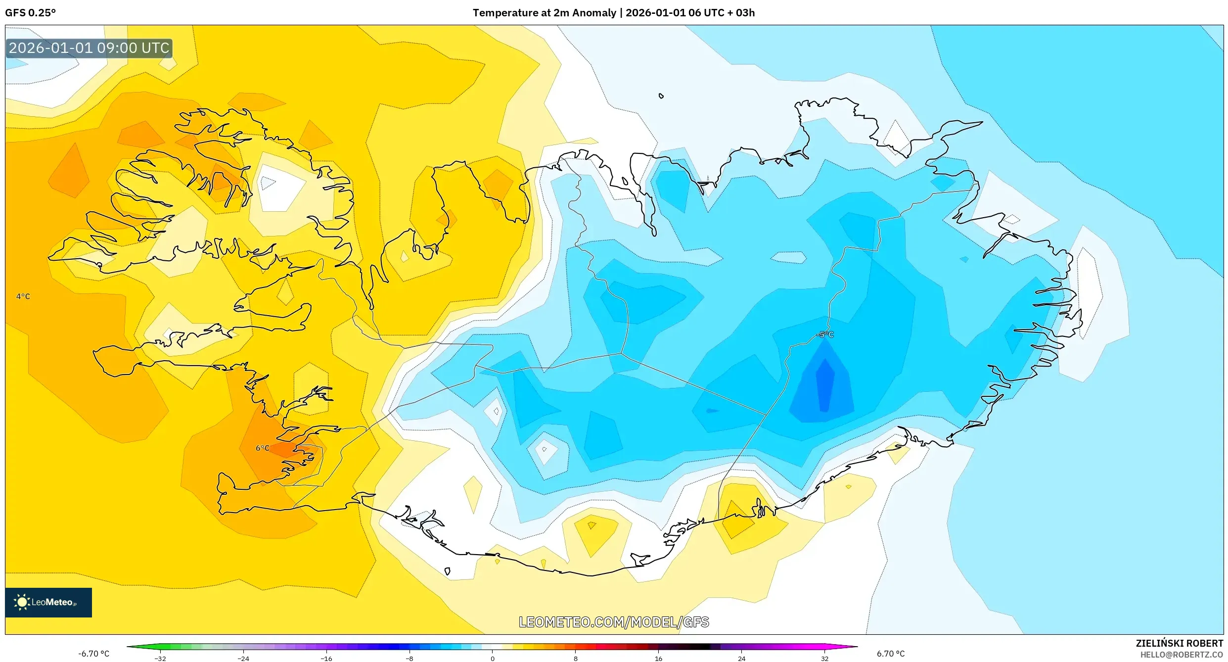 GFS model - Iceland, Temperature at 2m Anomaly