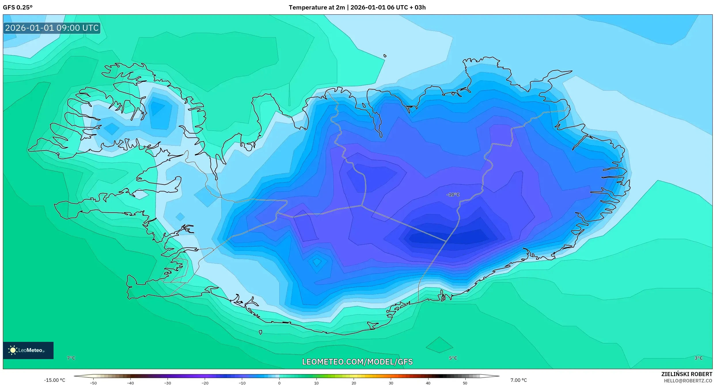 GFS model - Iceland, Temperature at 2m