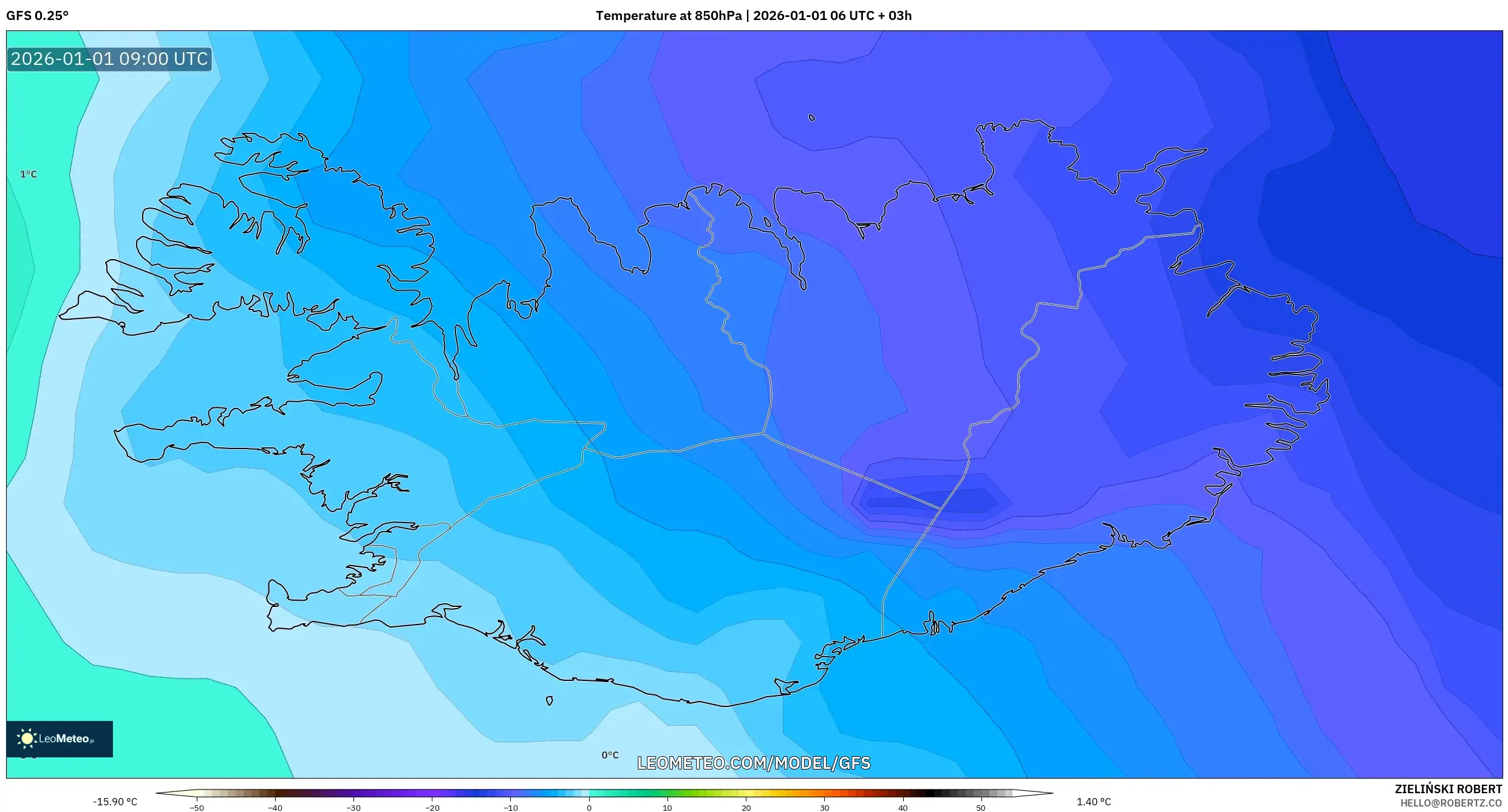 GFS model - Iceland, Temperature at 850hPa