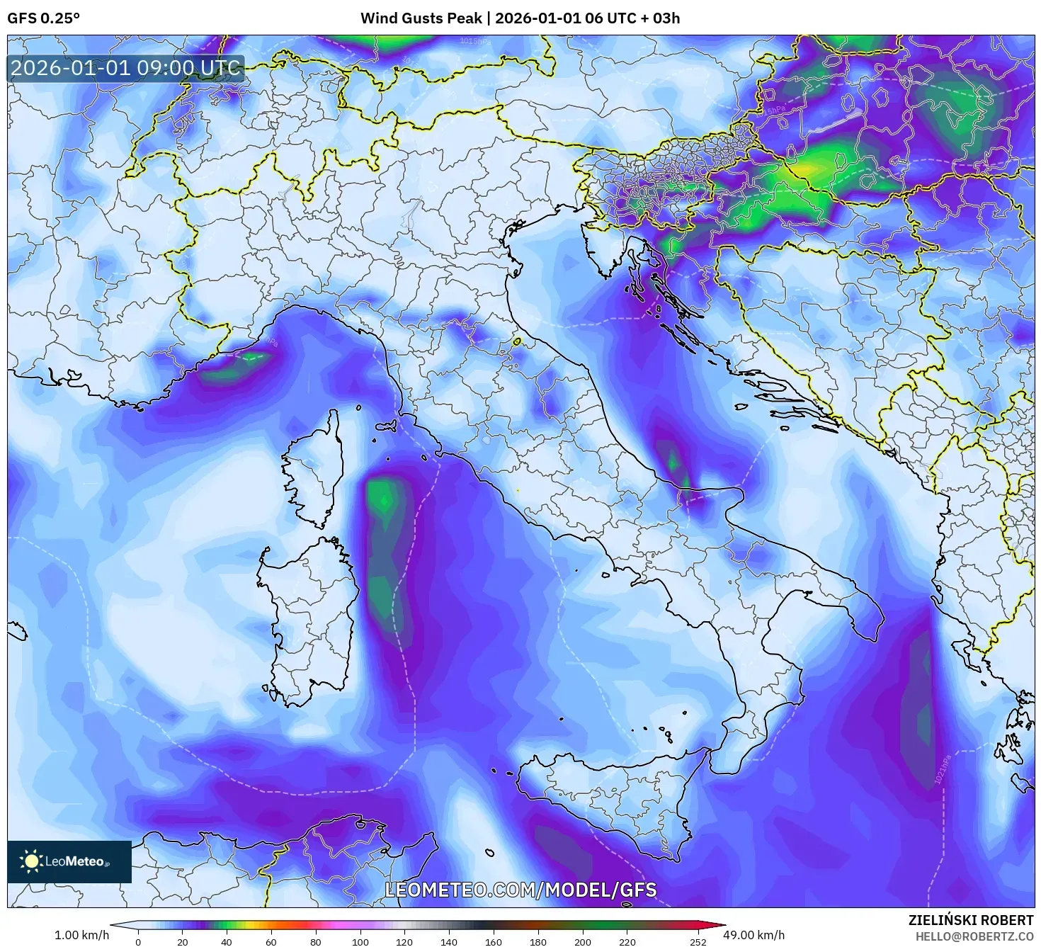 GFS model - Italy, Wind Gusts Peak