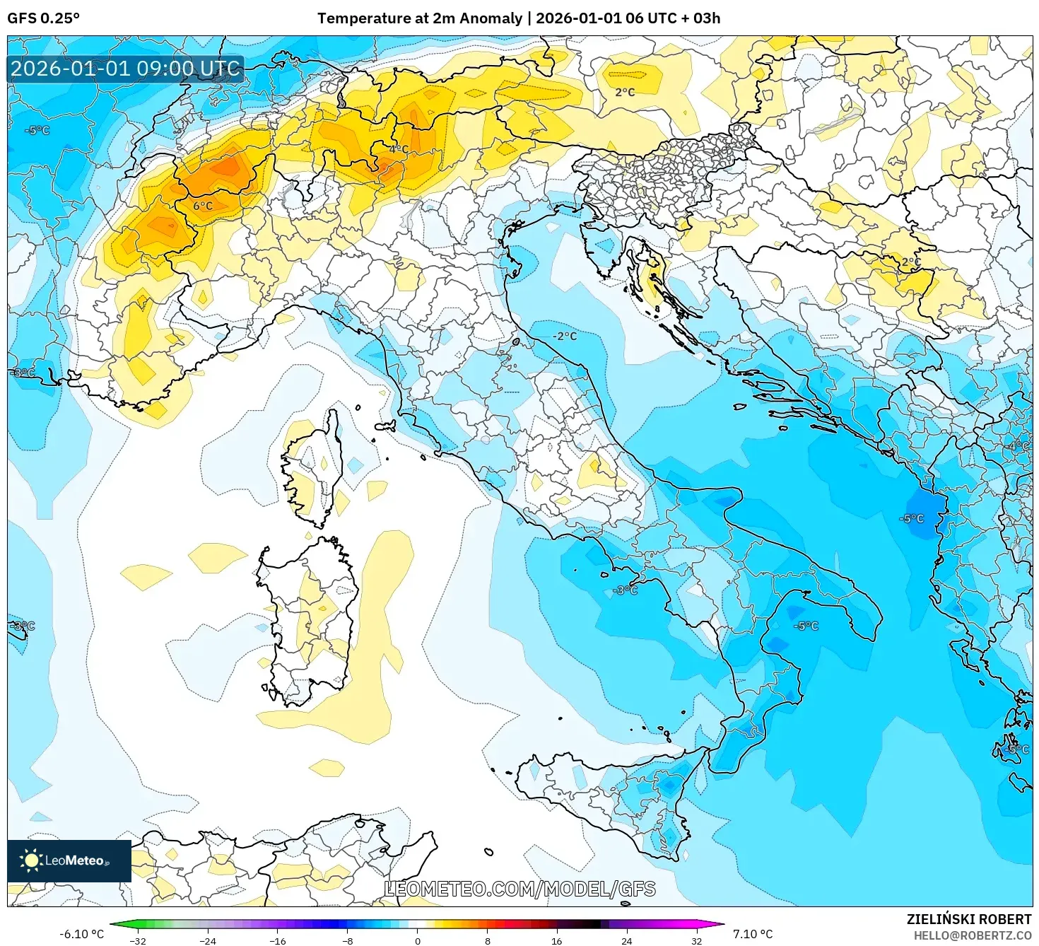 GFS model - Italy, Temperature at 2m Anomaly