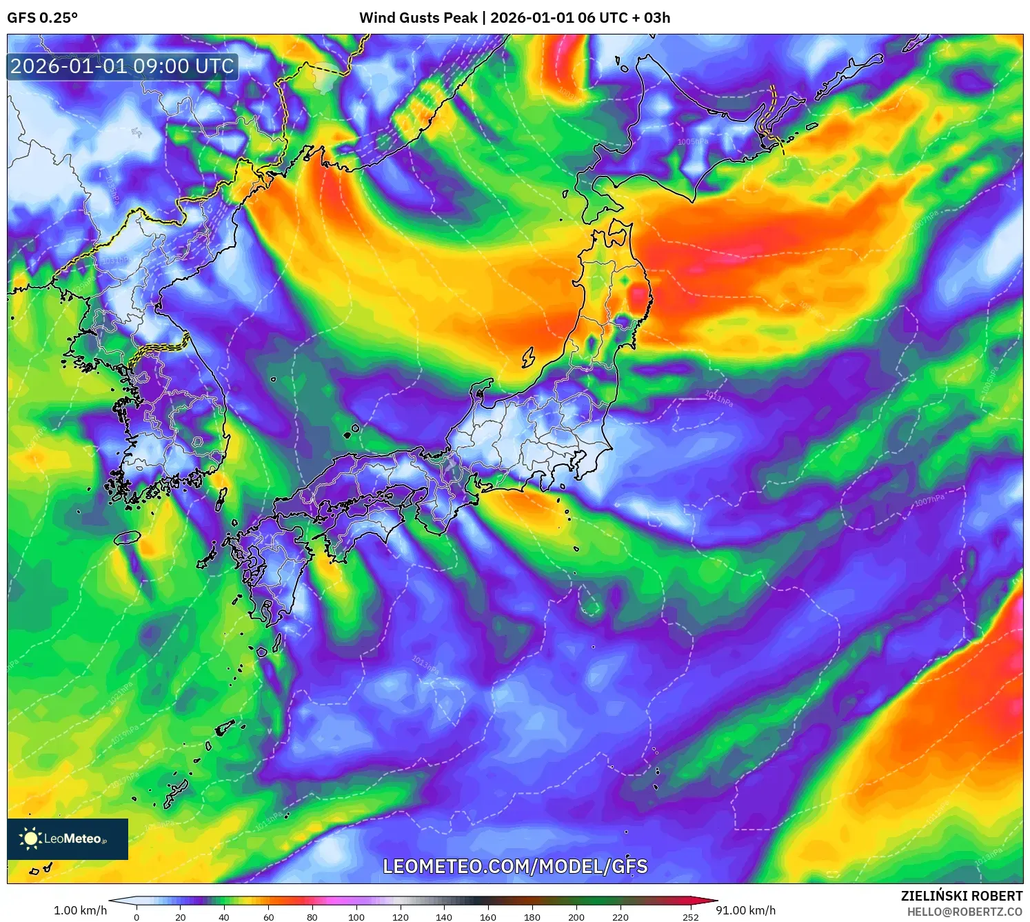 GFS model - Japan, Wind Gusts Peak