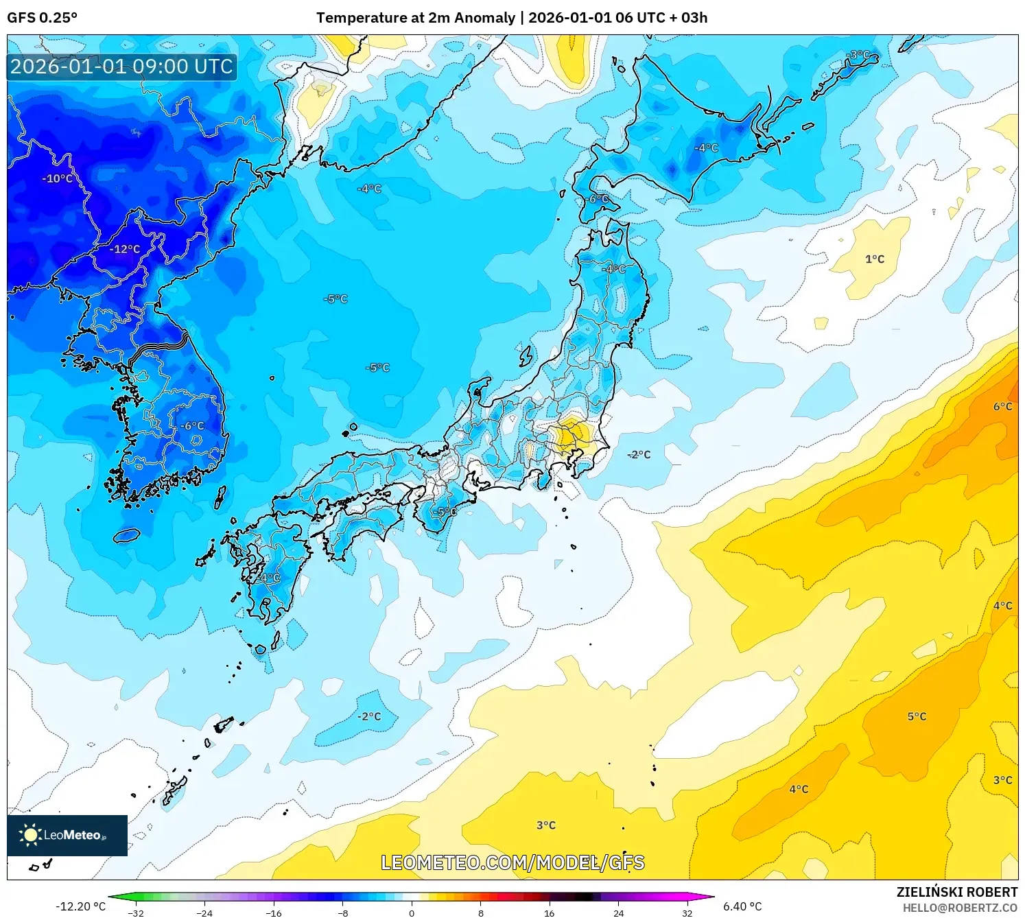 GFS model - Japan, Temperature at 2m Anomaly