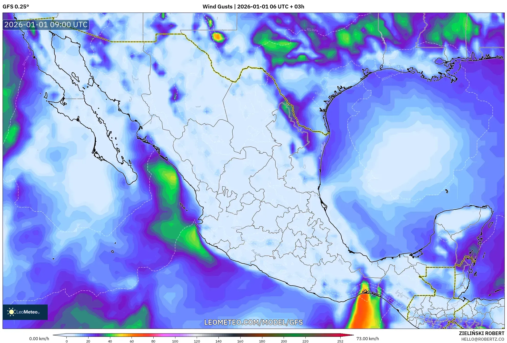 GFS model - Mexico, Wind Gusts