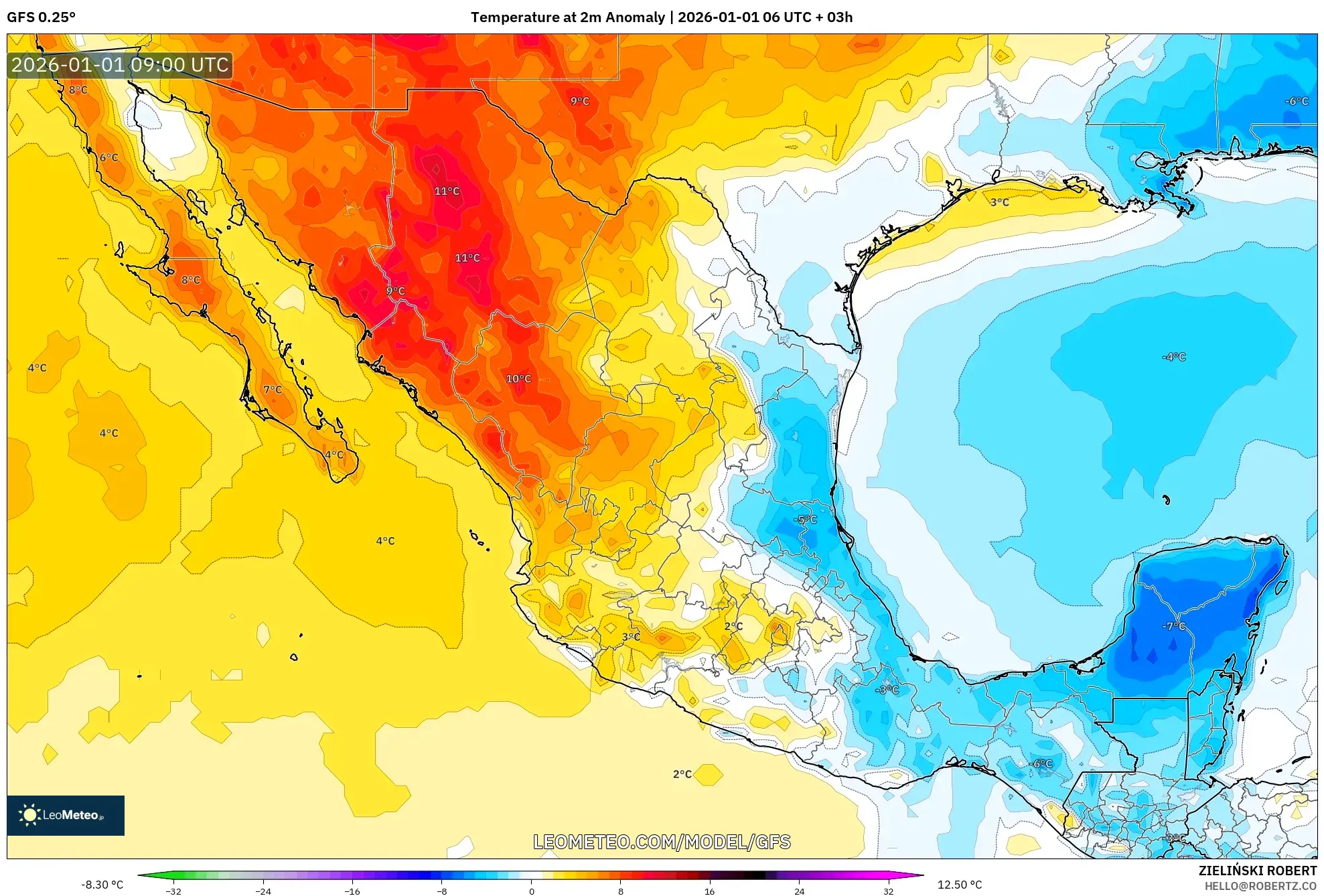 GFS model - Mexico, Temperature at 2m Anomaly