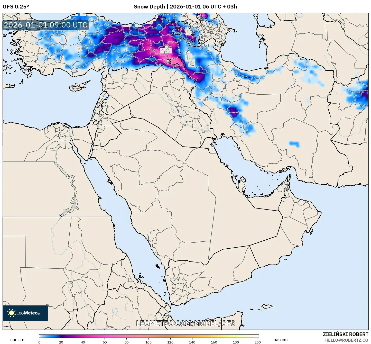 GFS model - Middle East, Snow Depth