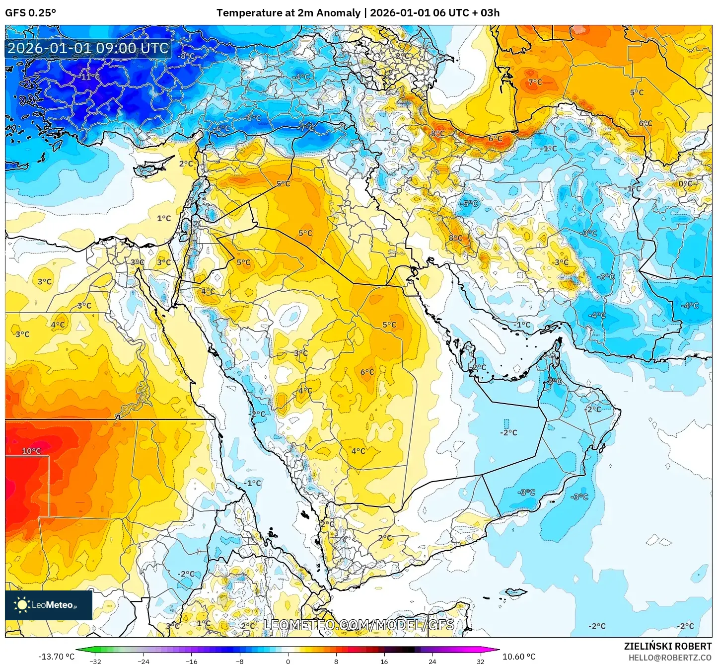 GFS model - Middle East, Temperature at 2m Anomaly