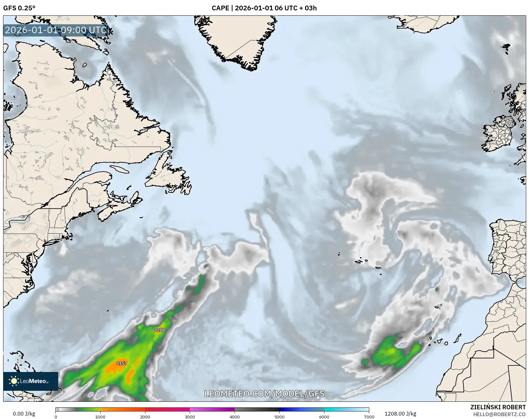 GFS model - North Atlantic, CAPE