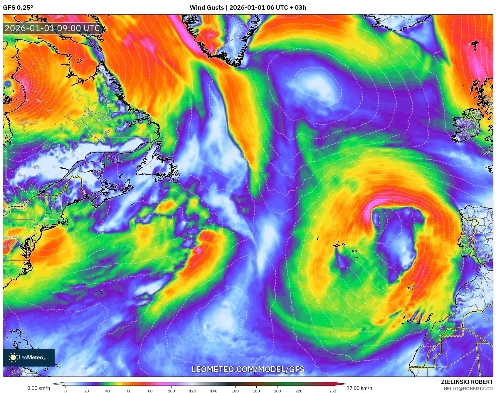 GFS model - North Atlantic, Wind Gusts
