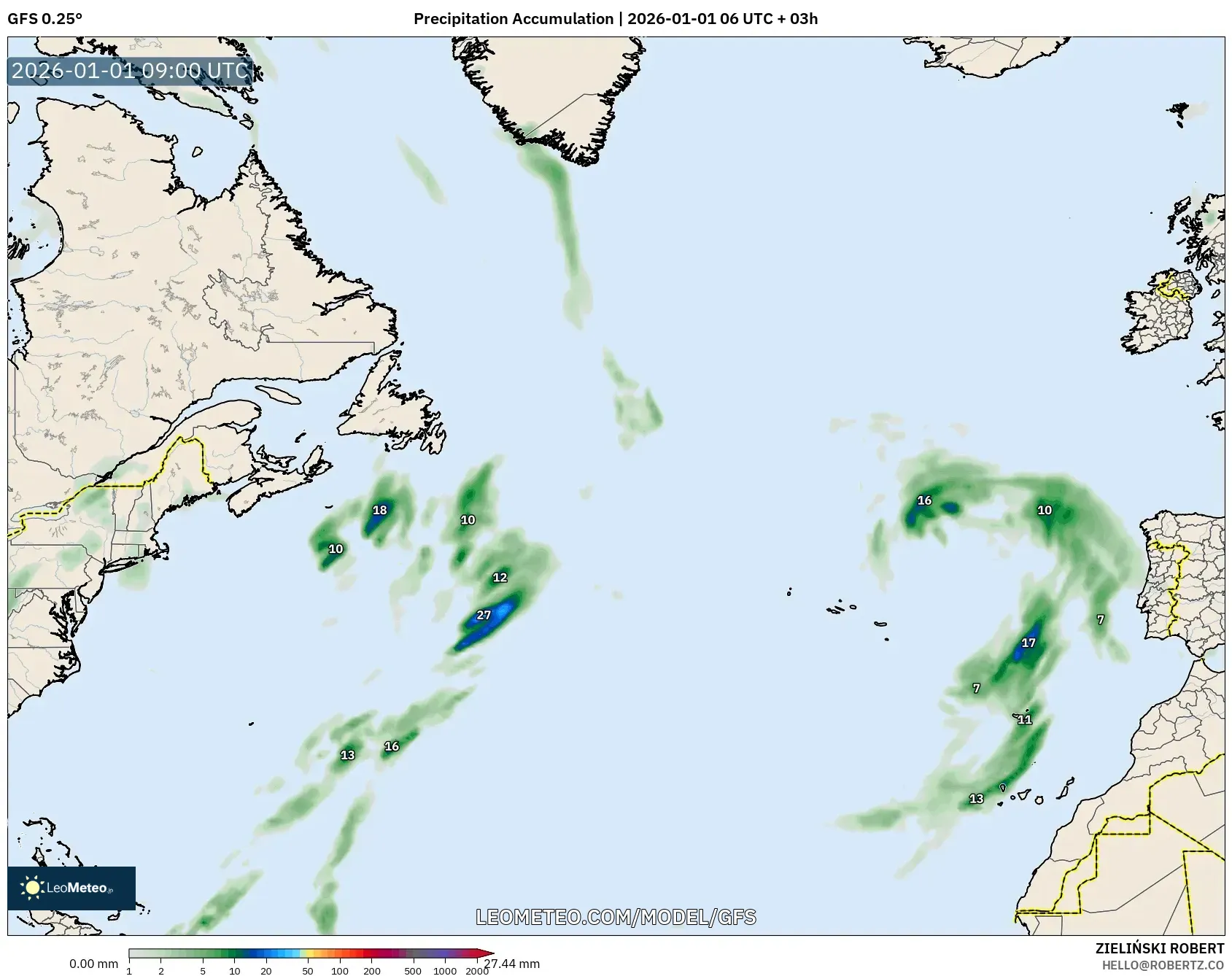 GFS model - North Atlantic, Precipitation Accumulation