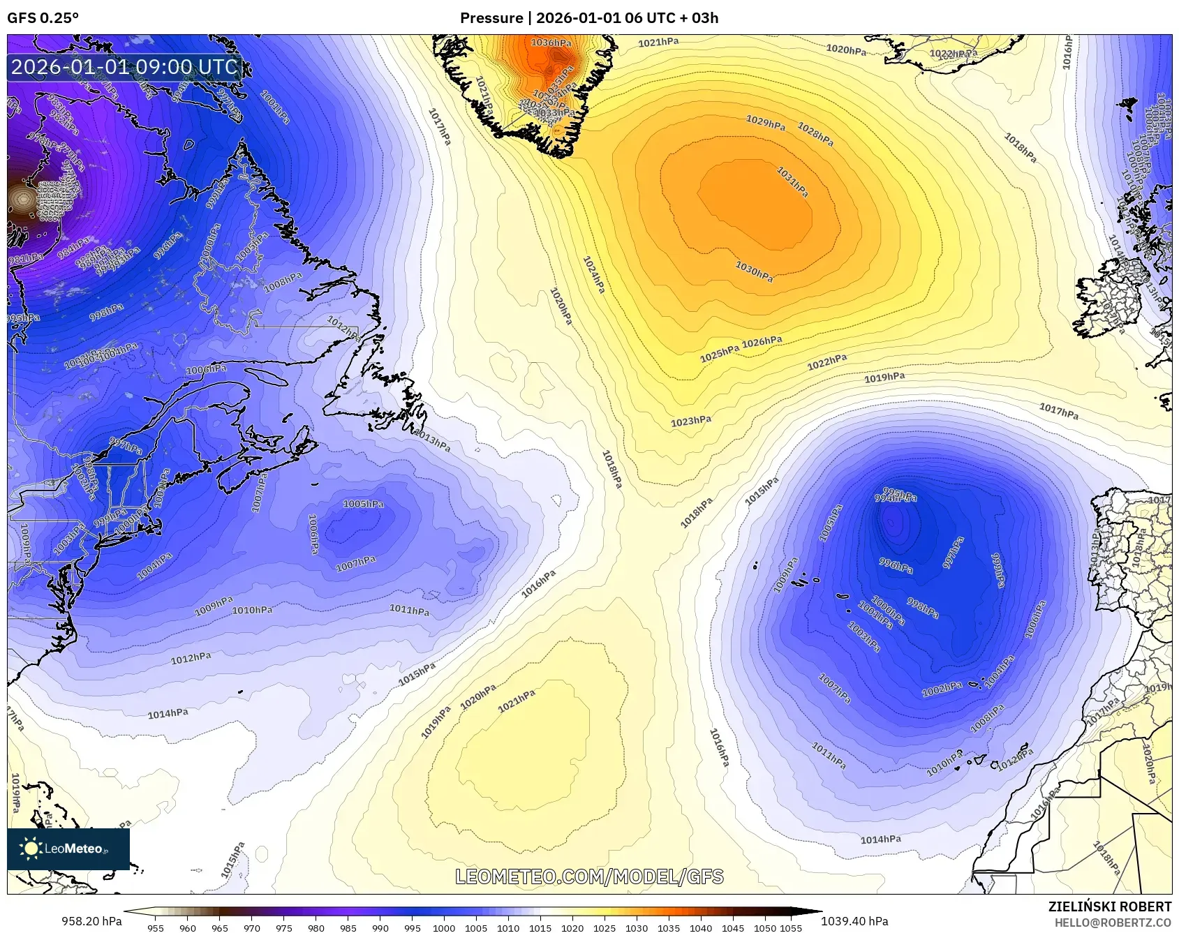 GFS model - North Atlantic, Pressure