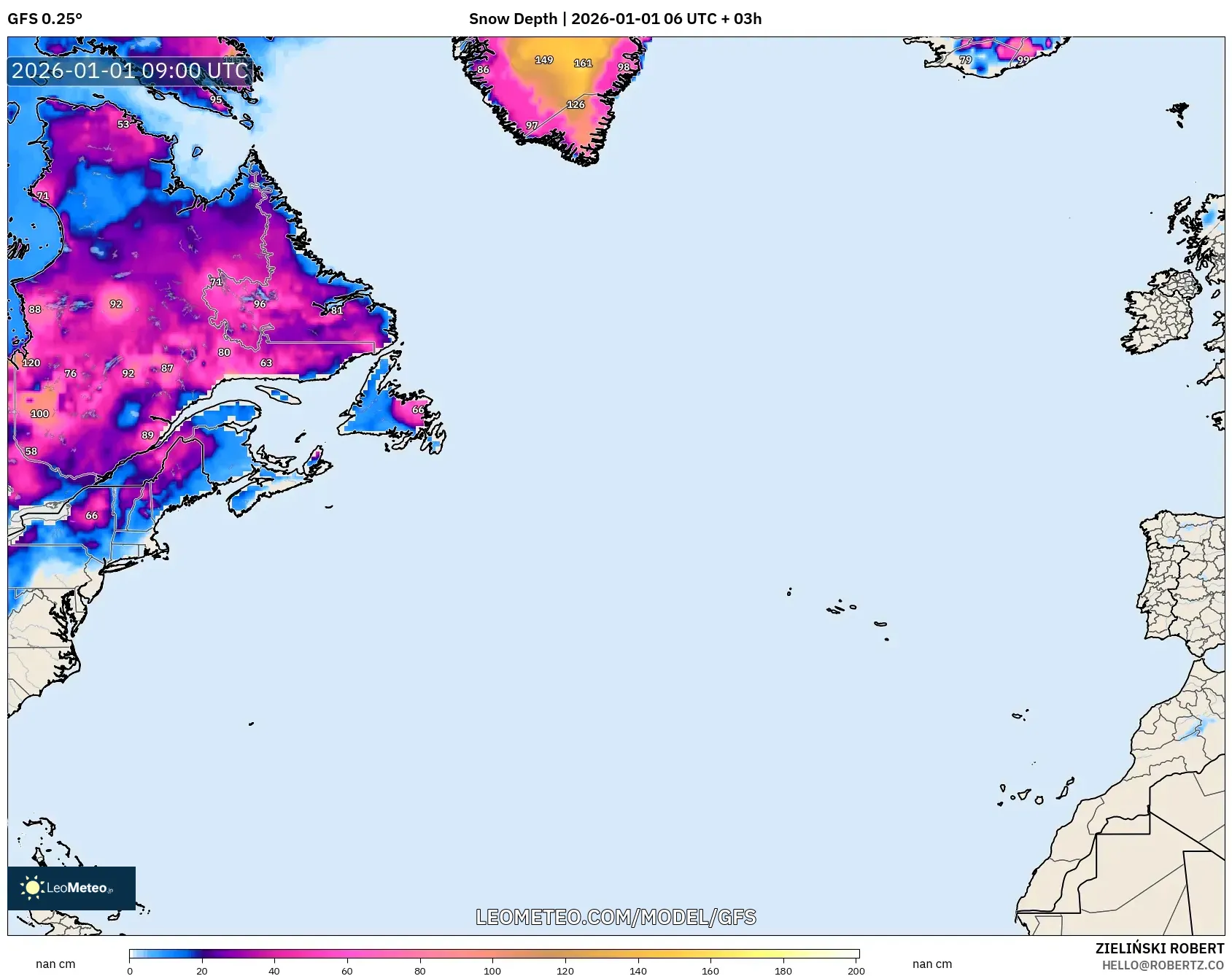 GFS model - North Atlantic, Snow Depth
