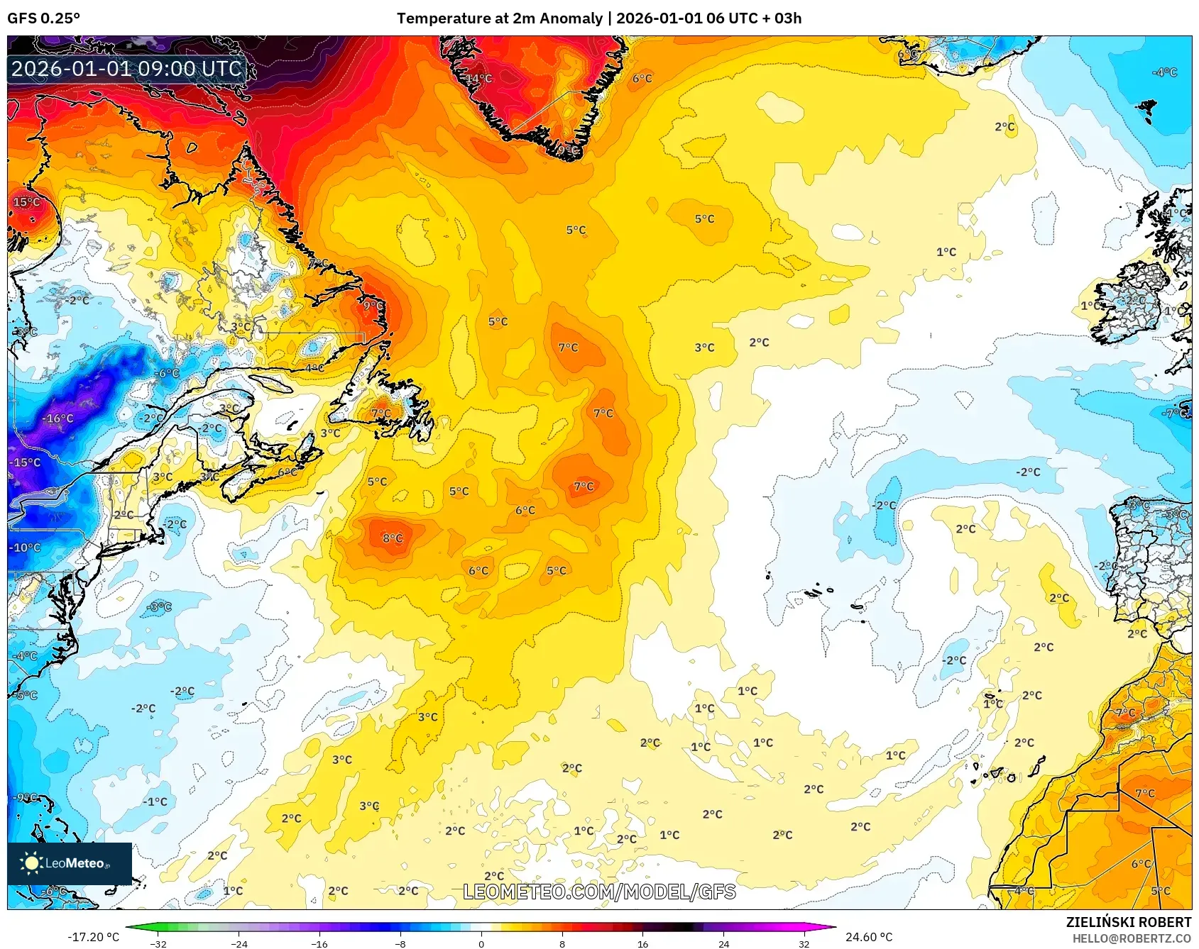 GFS model - North Atlantic, Temperature at 2m Anomaly