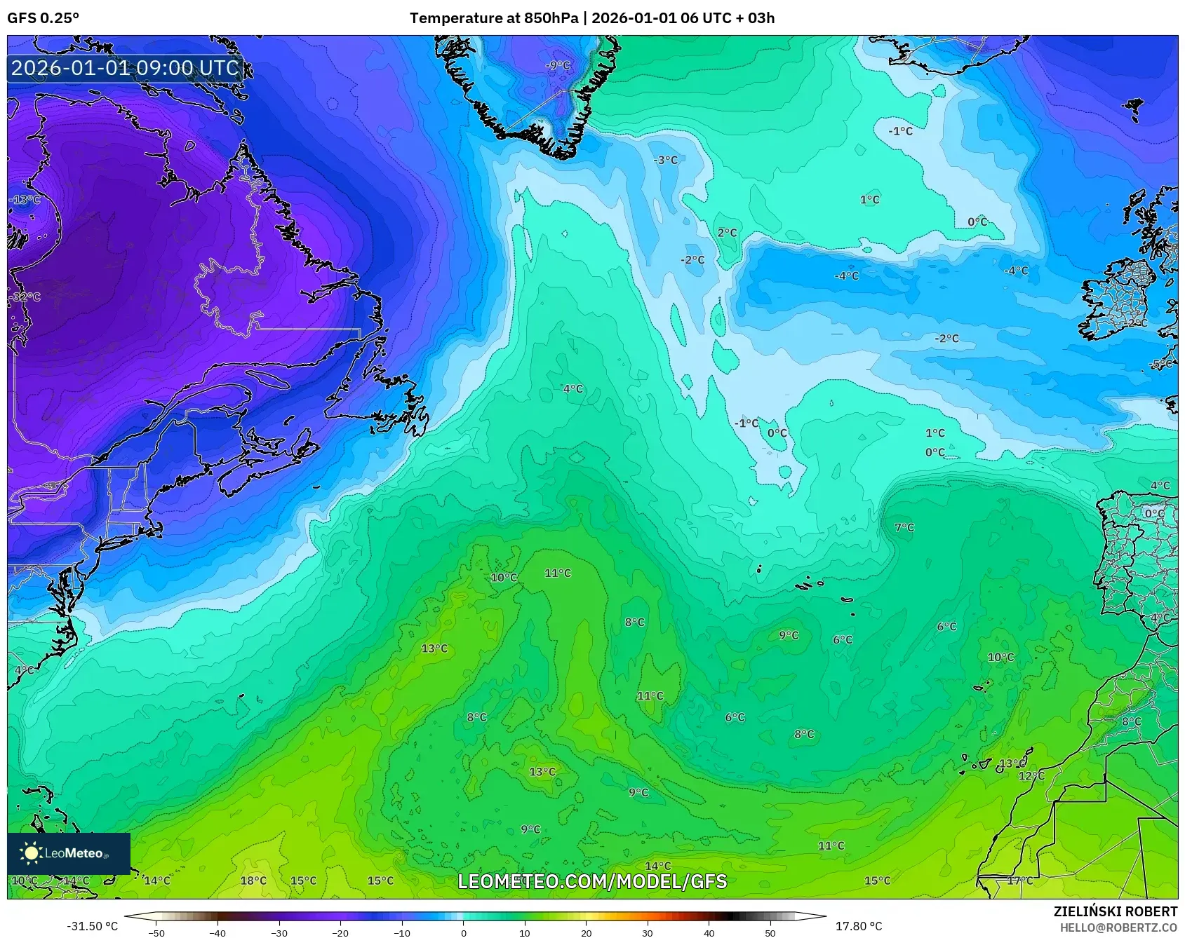 GFS model - North Atlantic, Temperature at 850hPa