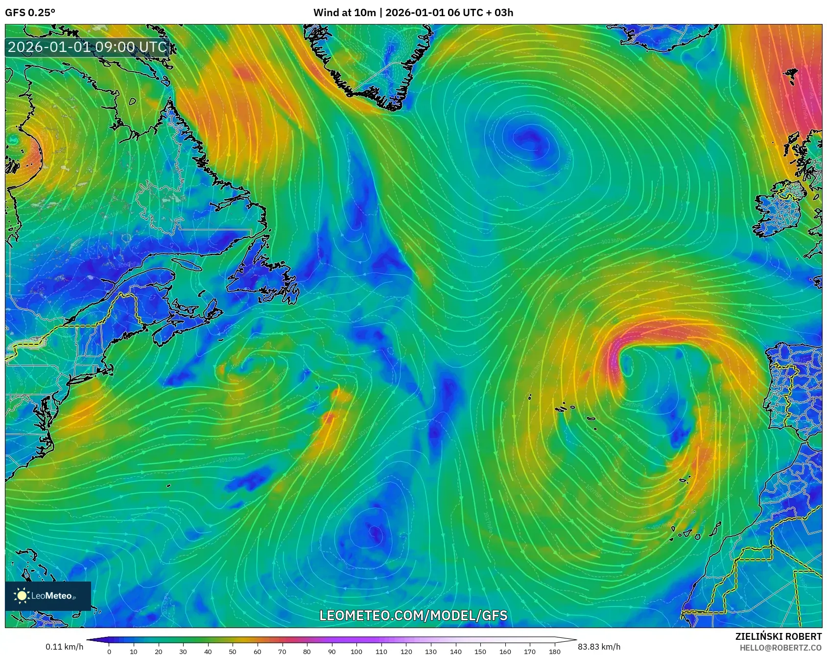 GFS model - North Atlantic, Wind at 10m