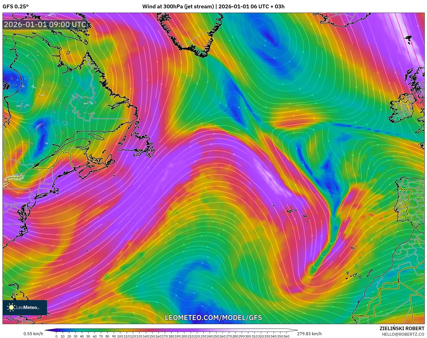 GFS model - North Atlantic, Wind at 300hPa (jet stream)