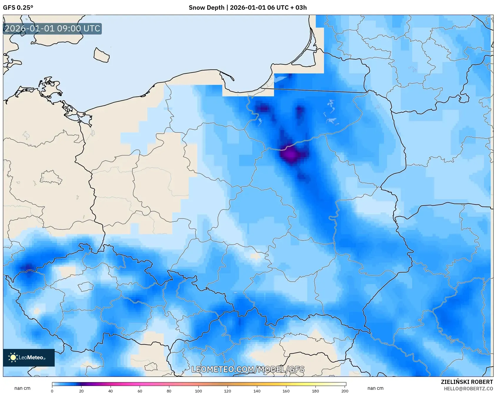 GFS model - Poland, Snow Depth