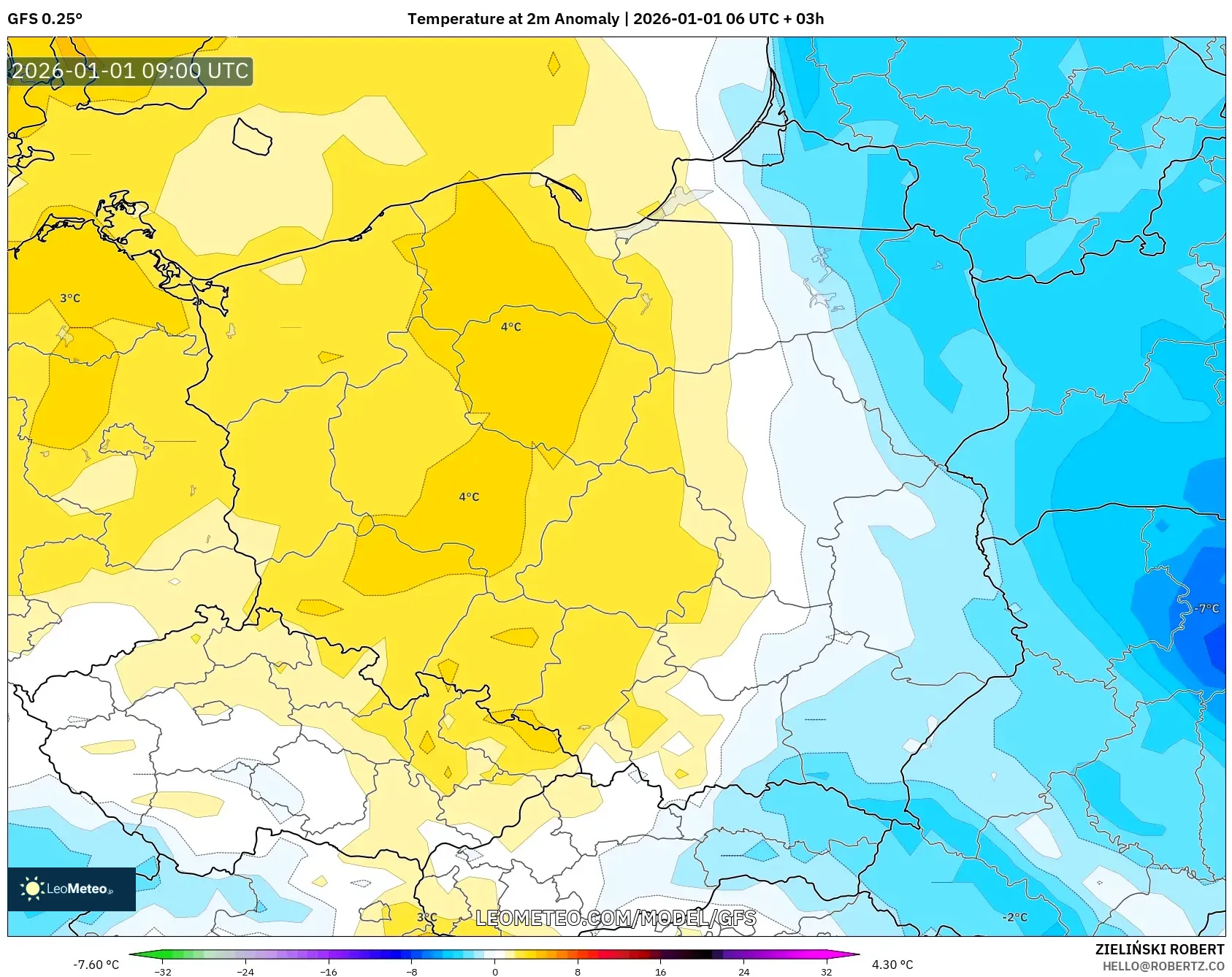 GFS model - Poland, Temperature at 2m Anomaly