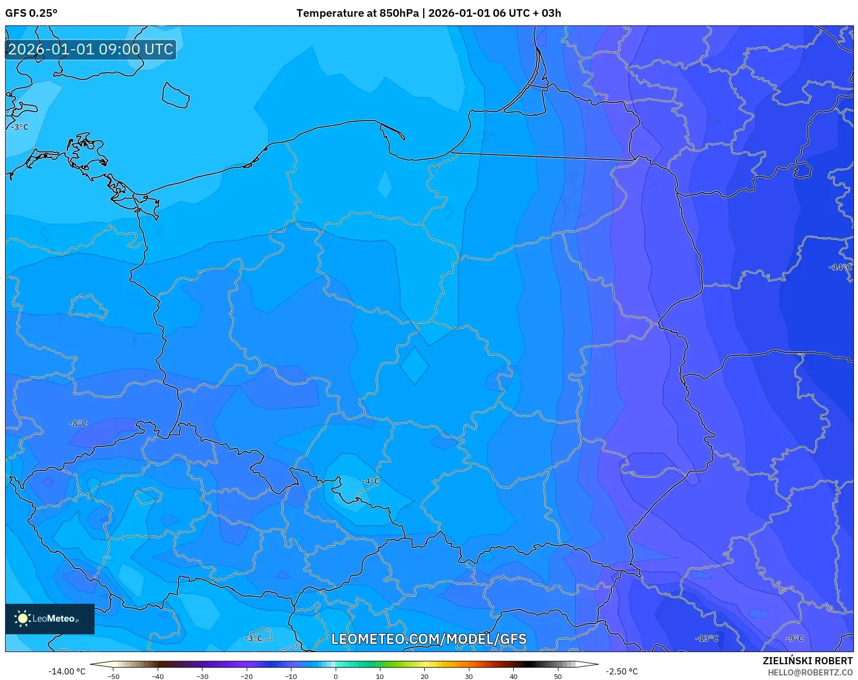 GFS model - Poland, Temperature at 850hPa
