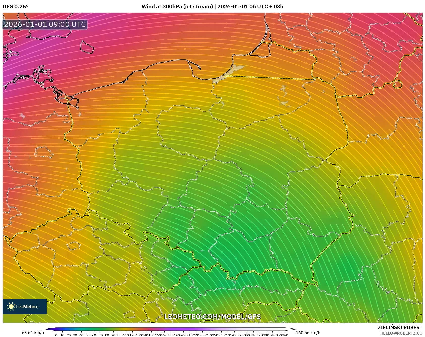GFS model - Poland, Wind at 300hPa (jet stream)