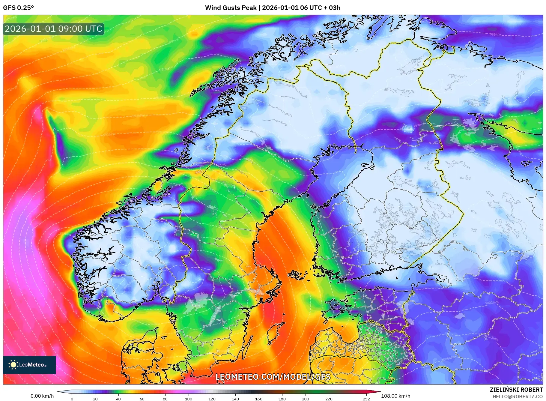GFS model - Scandinavia, Wind Gusts Peak