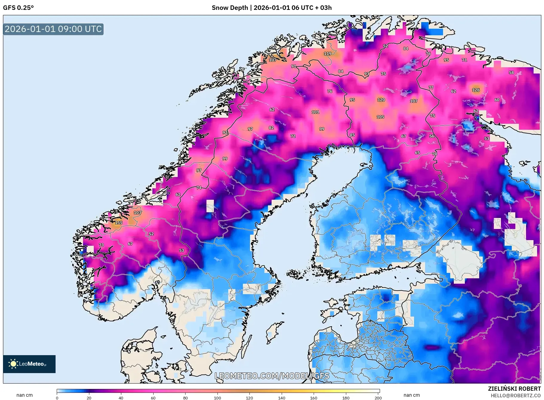 GFS model - Scandinavia, Snow Depth