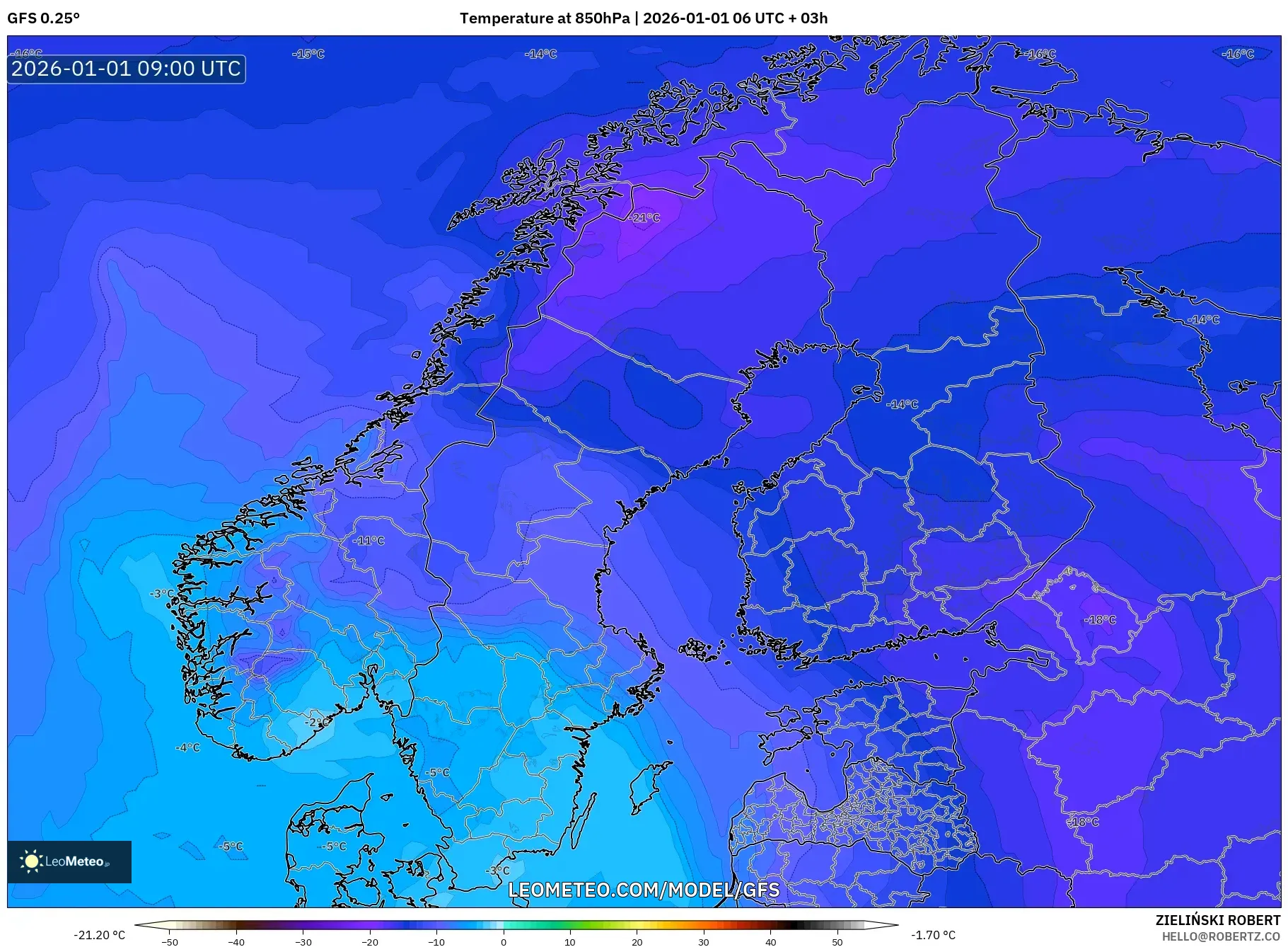 GFS model - Scandinavia, Temperature at 850hPa